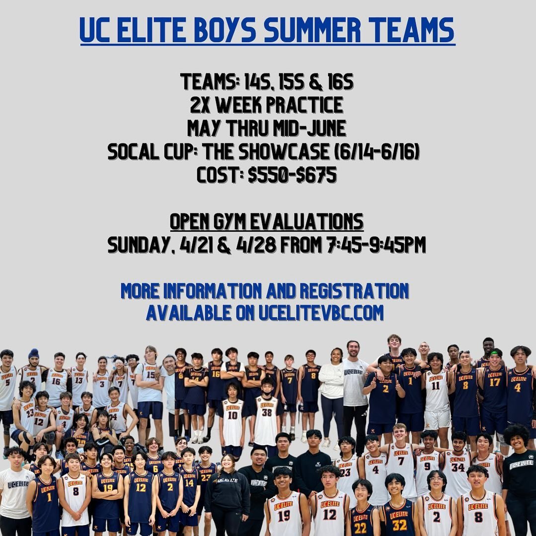 BOYS SUMMER TEAM 🏐
&mdash; 
We are excited to announce that we are now offering UC ELITE Boys Summer Teams! We are forming teams in the 14s, 15s, and 16s age groups to give athletes the opportunity to train, get more reps, and gain more competitive 