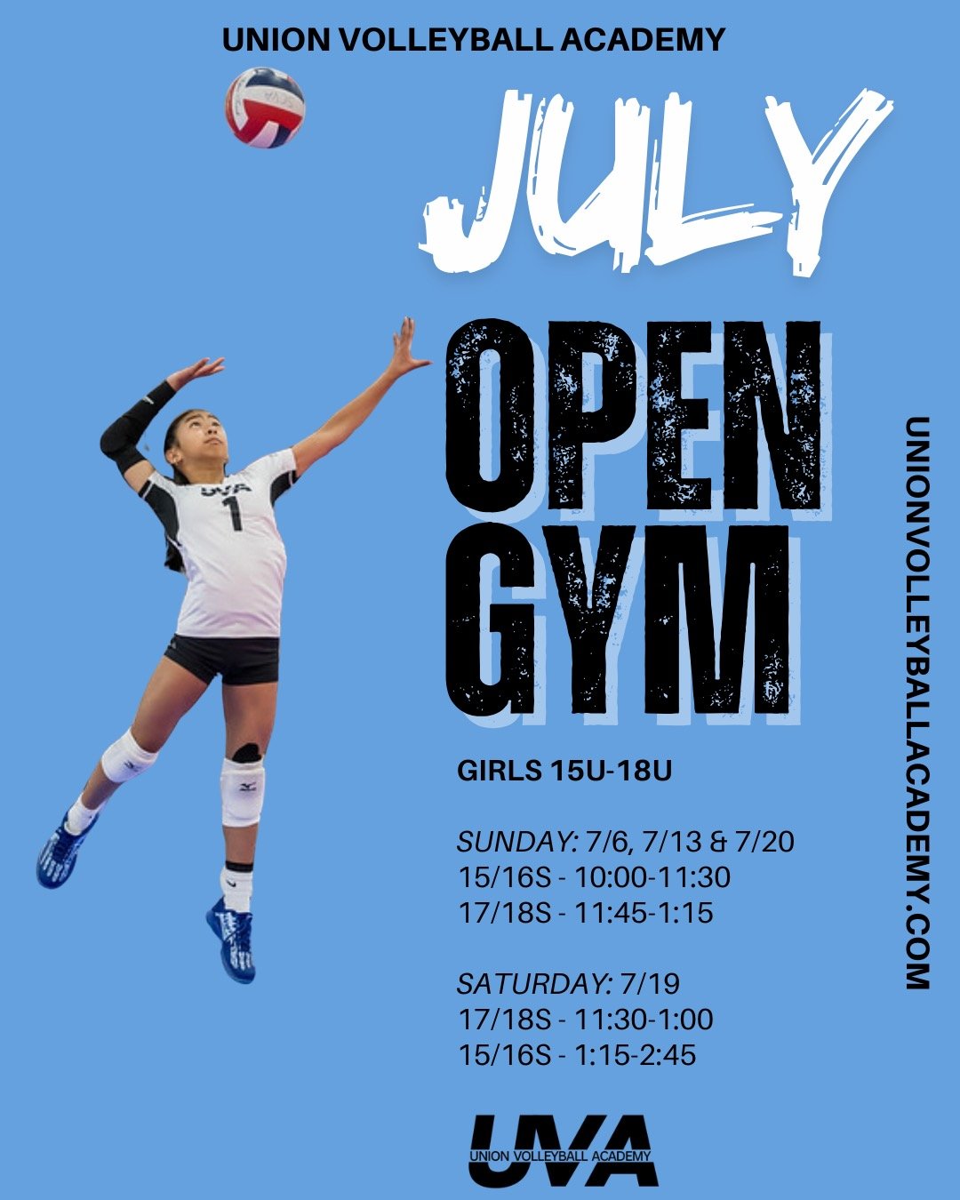 GIRLS OPEN GYM (JUNE) 

Sunday: 7/6, 7/13 &amp; 7/20
15/16s - 10:00-11:30
17/18s - 11:45-1:15

Saturday: 7/19
17/18s - 11:30-1:00
15/16s - 1:15-2:45

Make sure to register to secure your spot! We highly recommend athletes join as many open gyms as po