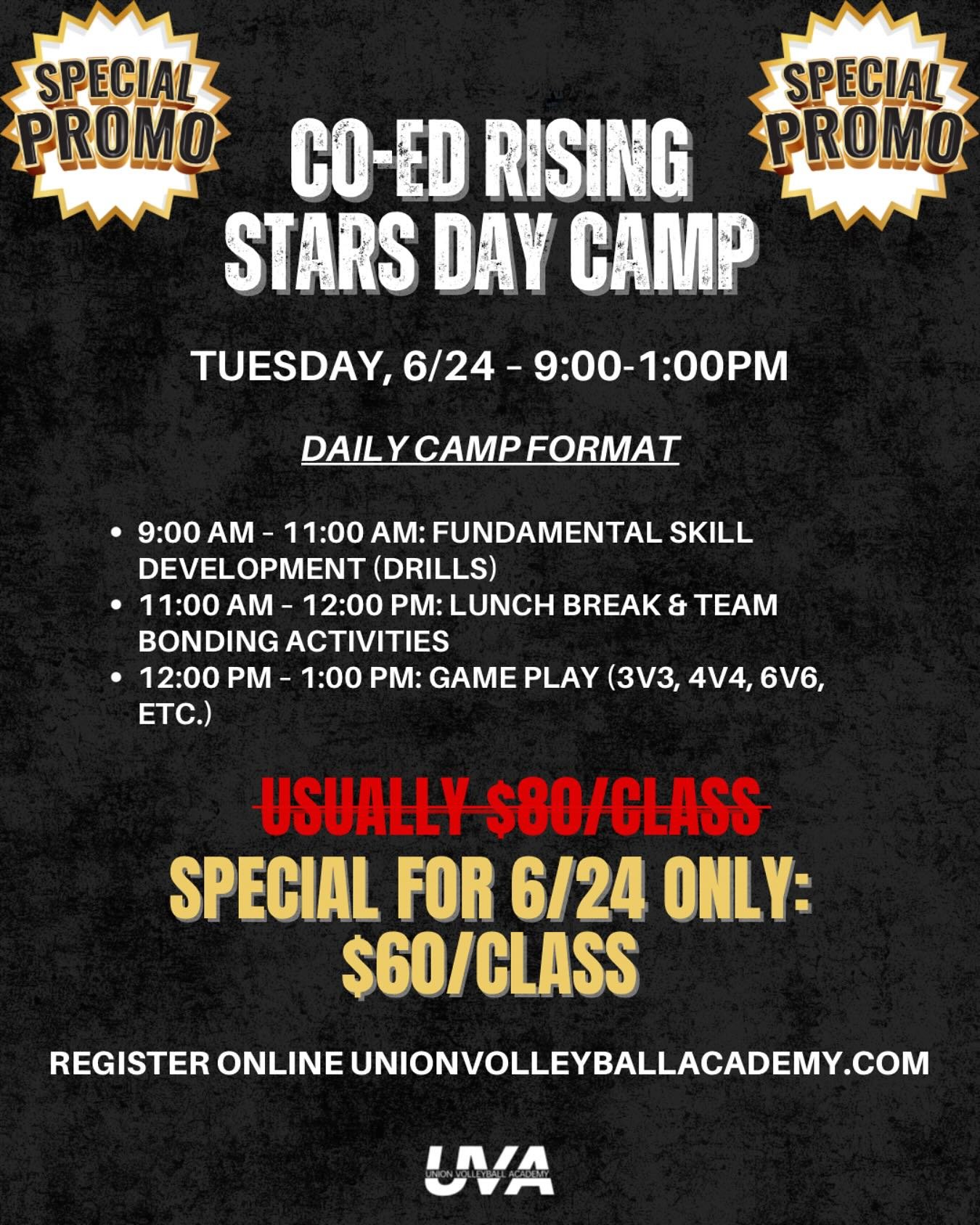 ‼️CO-ED RISING STARS DAY CAMP SPECIAL‼️
&mdash;
We&rsquo;re excited to announce we&rsquo;re offering a special promotion for our Co-Es Rising Stars Day Camp! We&rsquo;re offering a special ONE-CLASS registration for $60 on Tuesday, 6/24 (usually $80/