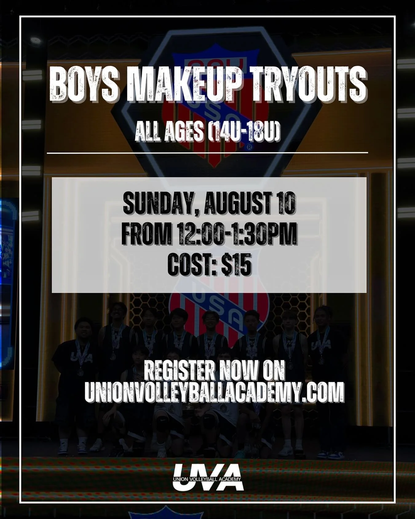 BOYS MAKEUP TRYOUTS
&mdash;
Couldn&rsquo;t make it to tryouts today? We&rsquo;re holding Makeup Boys Club Tryouts for all ages from 12:00-1:30 tomorrow (8/10). Make sure to register for an opportunity to represent UVA this club season! 

If you are n