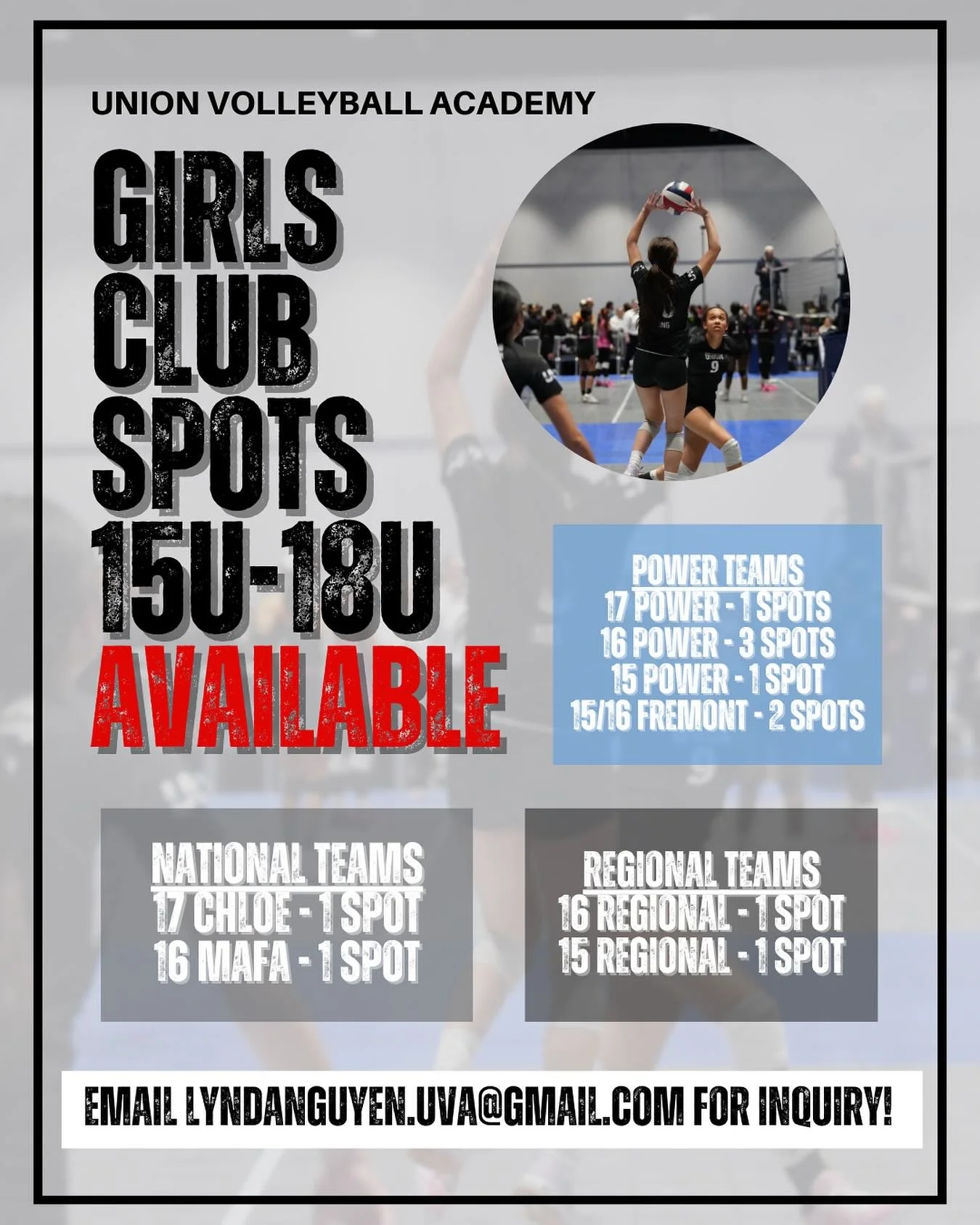 STILL LOOKING FOR A TEAM? 

EMAIL US AT LYNDANGUYEN.UVA@GMAIL.COM TO SCHEDULE AN IN-PERSON EVALUATION OR IF YOU HAVE ANY QUESTIONS ABOUT OUR CLUB, BRANCHES, OR TEAMS.&nbsp;

#uva #unionvolleyballacademy #clubtryouts