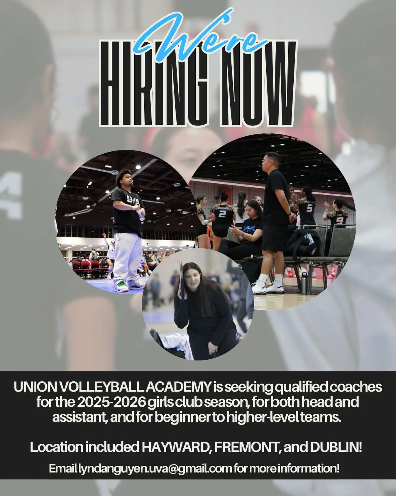 We ARE HIRING! 

UVA is seeking qualified coaches for the 2025-2026 girls club season, for both head and assistant positions, and for beginner to higher-level teams! LOCATIONS INCLUDE HAYWARD, FREMONT, and DUBLIN!

Please email us at lyndanguyen.uva@