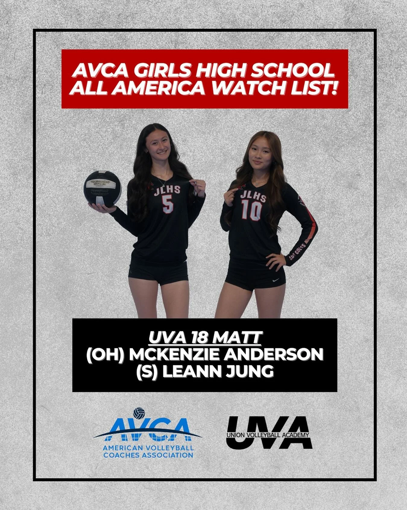 Congratulations to McKenzie Anderson and Leann Jung on UVA 18 Matt for making the AVCA Girls High School All America Watchlist! Good luck this season! #unionvolleyballacademy #uva