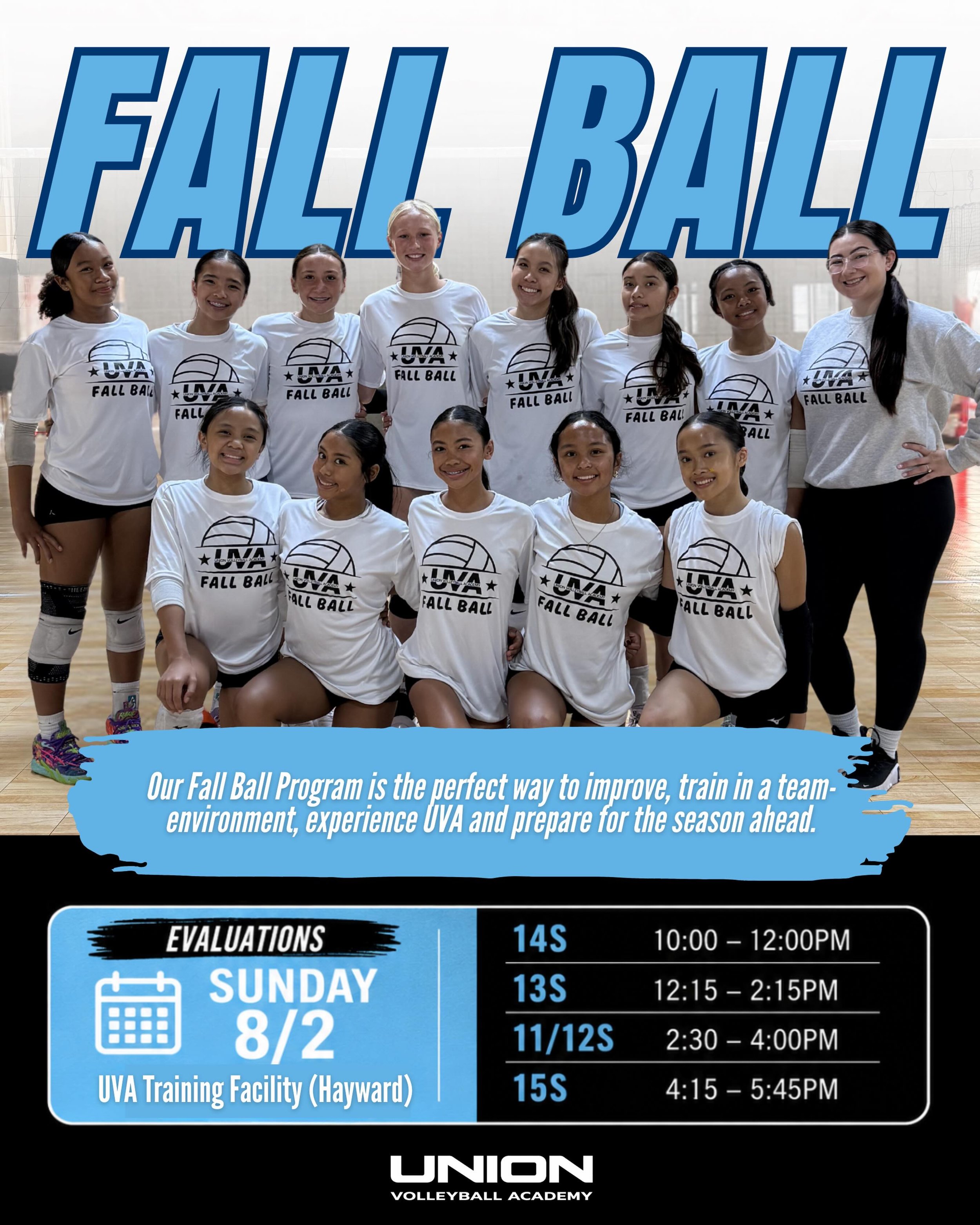 2026 FALL BALL EVALUATIONS (Hayward)
&mdash;
Fall Ball evaluations are officially OPEN! We&rsquo;ll be offering teams for ages 11s-14s and are excited to announce that we&rsquo;ll be offering a 15s team for athletes that are not participating in thei