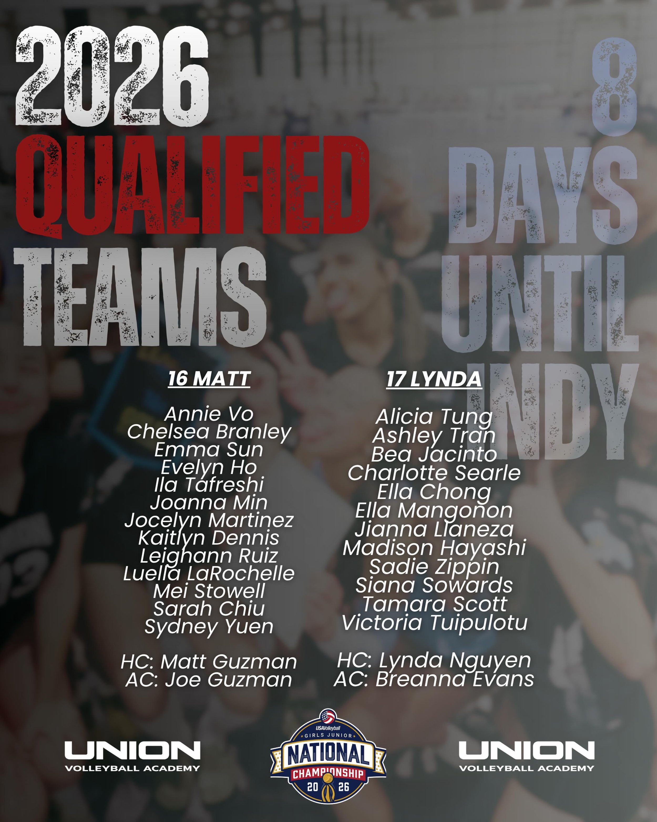 8️⃣ DAYS UNTIL NATTY 💃🏻 
&mdash;
We&rsquo;re so excited for 16 Matt and 17 Lynda to take stage at the 2026 USAV GJNC! INDY HERE WE COME! 🏎️💨 #unionvolleyballacademy #uva