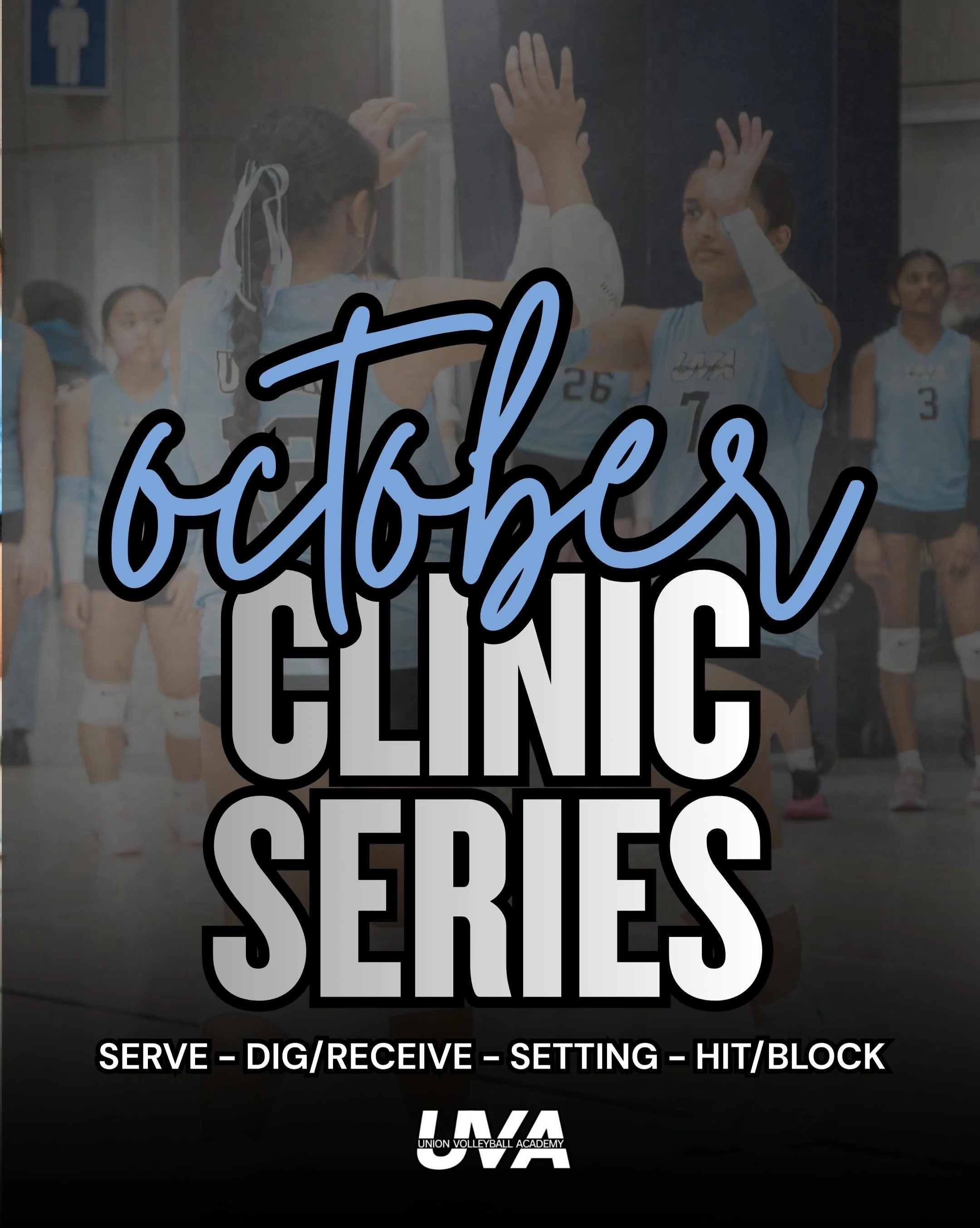 OCTOBER CLINIC SERIES

▪️SERVE CLINICS
▪️DIG/RECEIVE
▪️SETTING
▪️HIT BLOCK 

SWIPE FOR SCHEDULE AND COST DETAILS ➡️
🔗 unionvolleyballacademy.com/camps-clinic 

SERVE CLINICS

MONDAY - OCT 12, 19, 26 FROM 4:00-5:00PM
WEDNESDAY - OCT 21, 28 FROM 4:00-