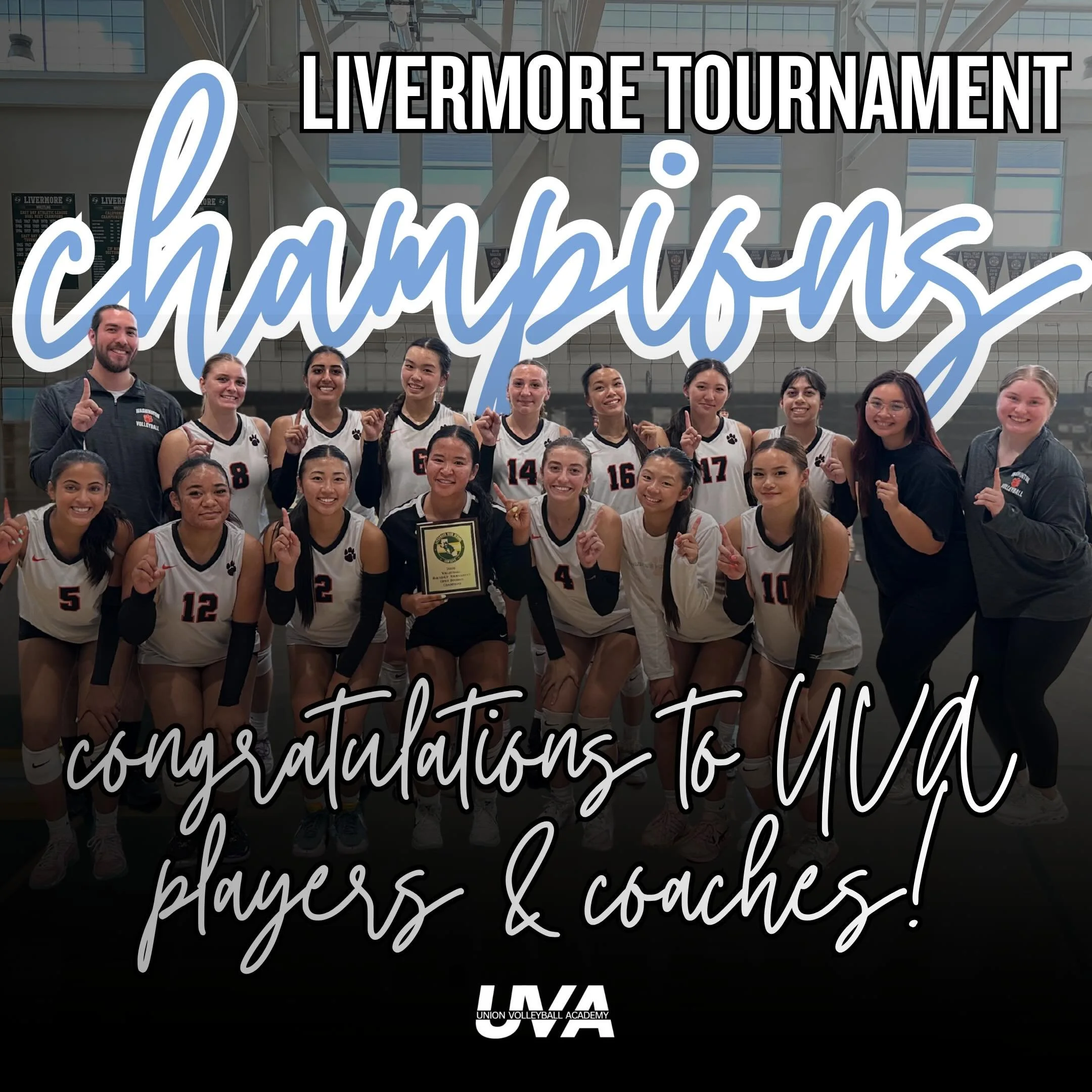 Congratulations to UVA coaches and players for winning the Livermore High School Tournament! 

Featuring: 
Coach Conan (15 Fremont/13 Conan)
Coach Trisha (16 Power) 

Madison Hayashi (18 Lynda)
Ella Mangonon (18 Lynda) 
Gwyneth Kung (18 Lynda) 
Evely
