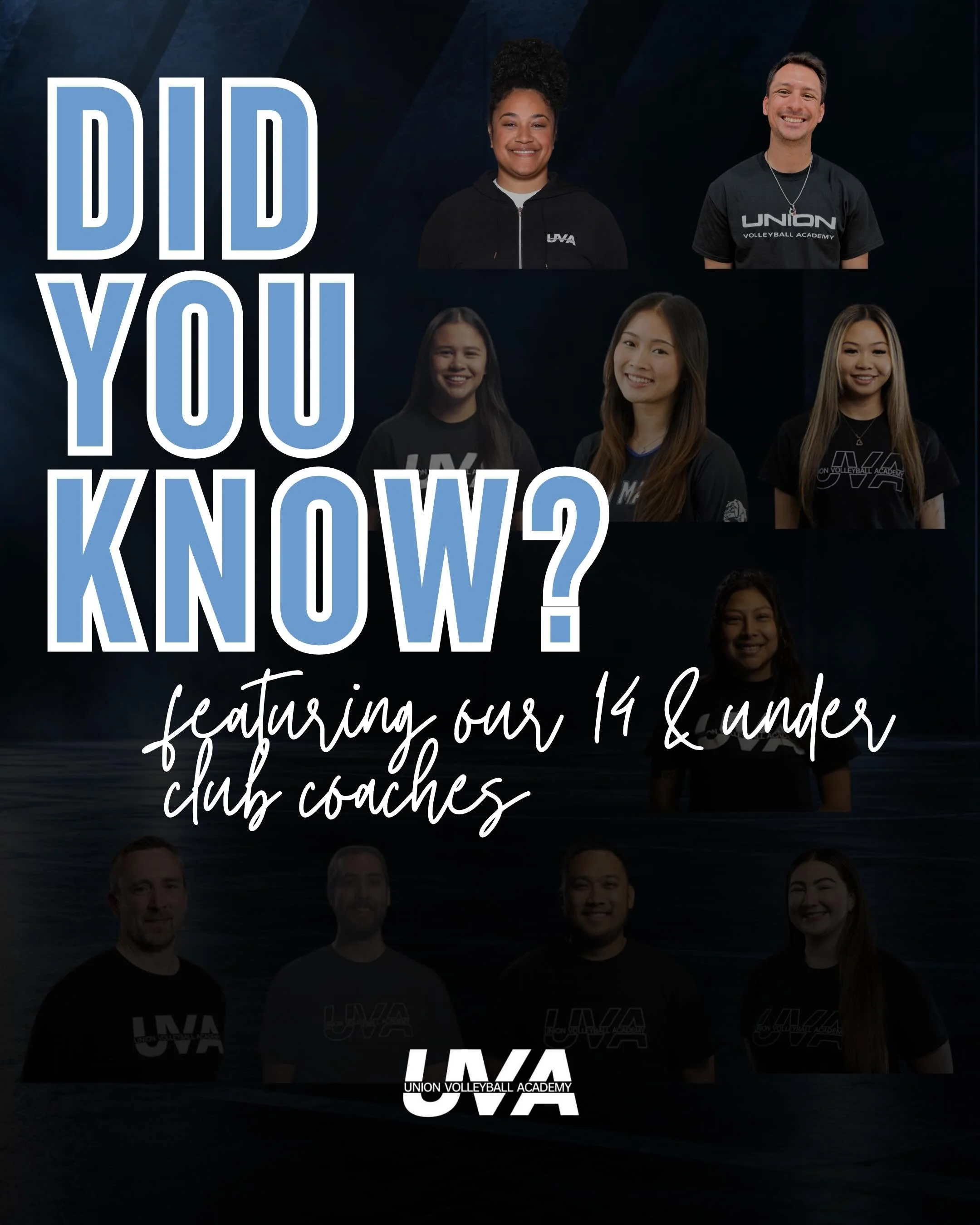 DID YOU KNOW❓Featuring our 11U-14U coaches! 

Interested in playing for one of them this club season? Make sure to register for tryouts for an opportunity to play for them and represent UVA! 

TRYOUTS START TOMORROW! 

🔗 unionvolleyballacademy.com/u