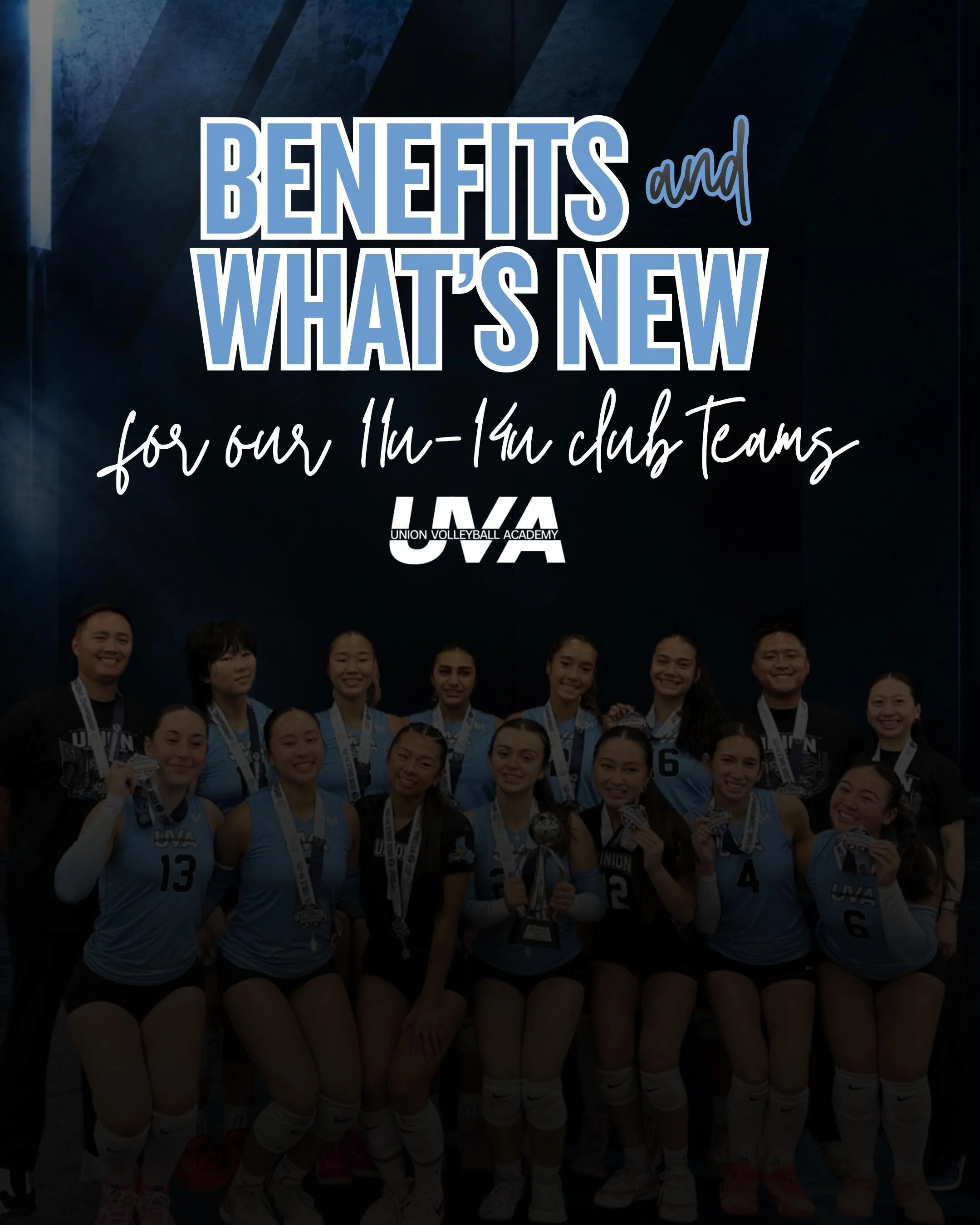 BENEFITS &amp; WHAT&rsquo;S NEW 🤩

We&rsquo;re so excited to announce all the NEW benefits we&rsquo;ll be offering our 11U-14U teams this club season! Check out all the perks that come with being a UVA club member! 

Make sure to register for tryout
