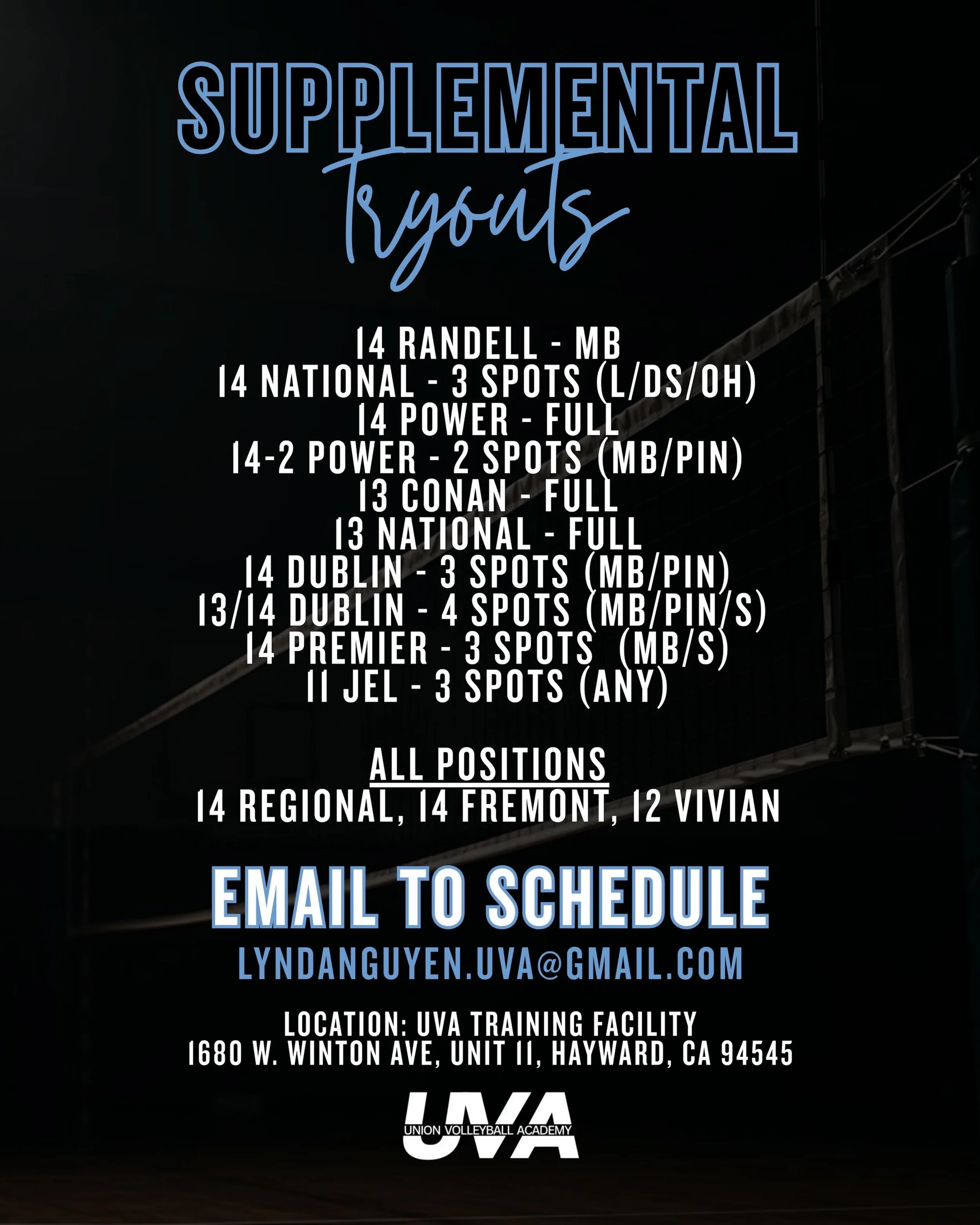SPOTS ARE AVAILABLE OUR TEAMS ➡️➡️➡️ 

Email us to schedule an evaluation!

📧 lyndanguyen.uva@gmail.com