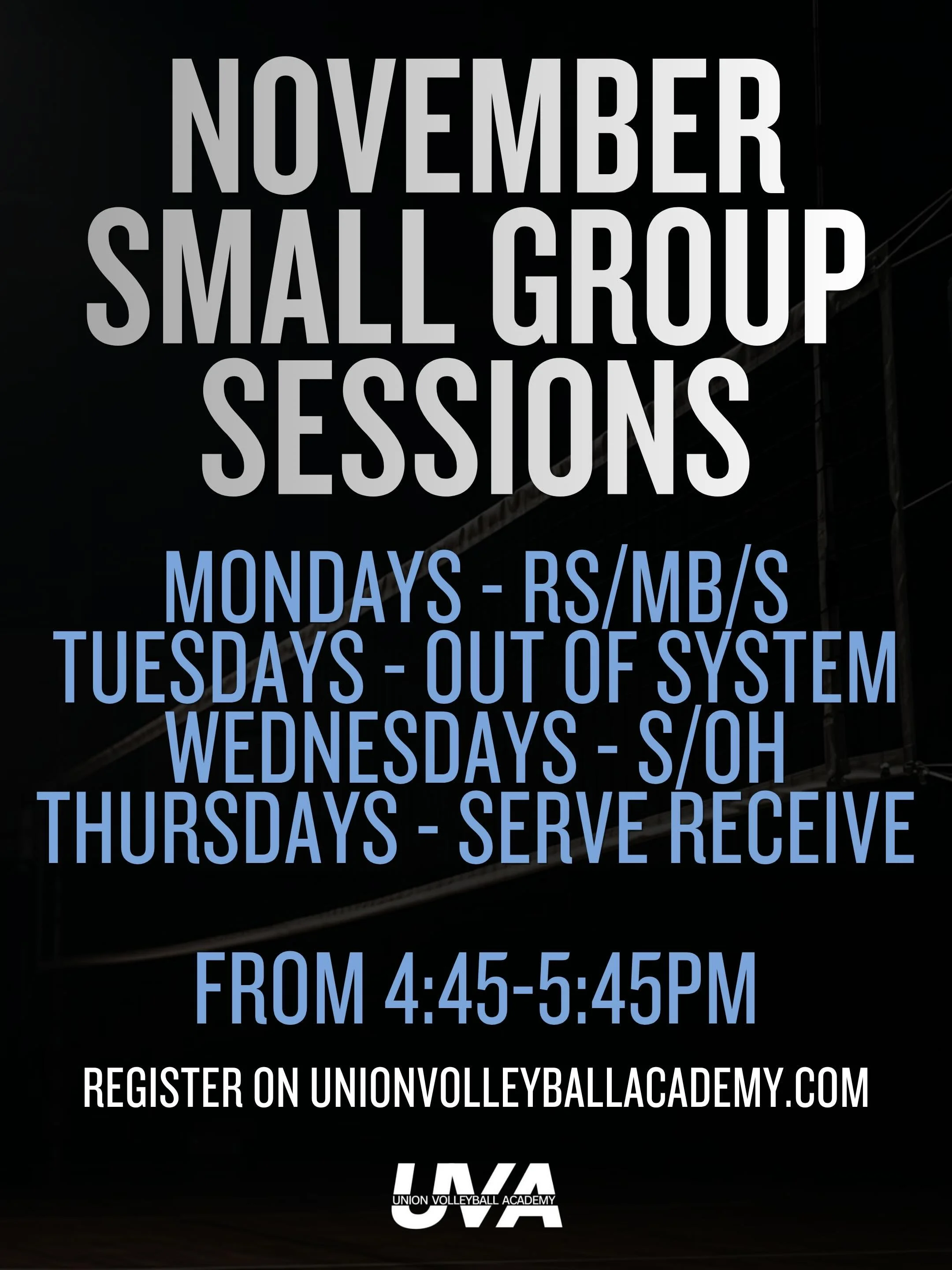 NOVEMBER - Small Group Sessions
&mdash;
We&rsquo;re excited to offer SGS for the month of November and will include a session for S/OH and a focus for serve receive! We&rsquo;ve been enjoying working with a smaller group of athletes and can&rsquo;t w
