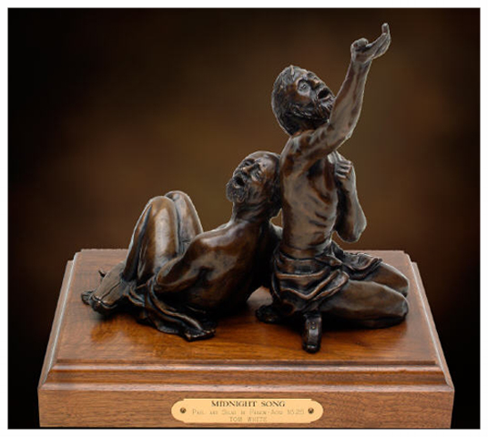 "MIdnight Song" - Paul and Silas in Prison. Bronze sculpture. Source: Tom White Studios.
