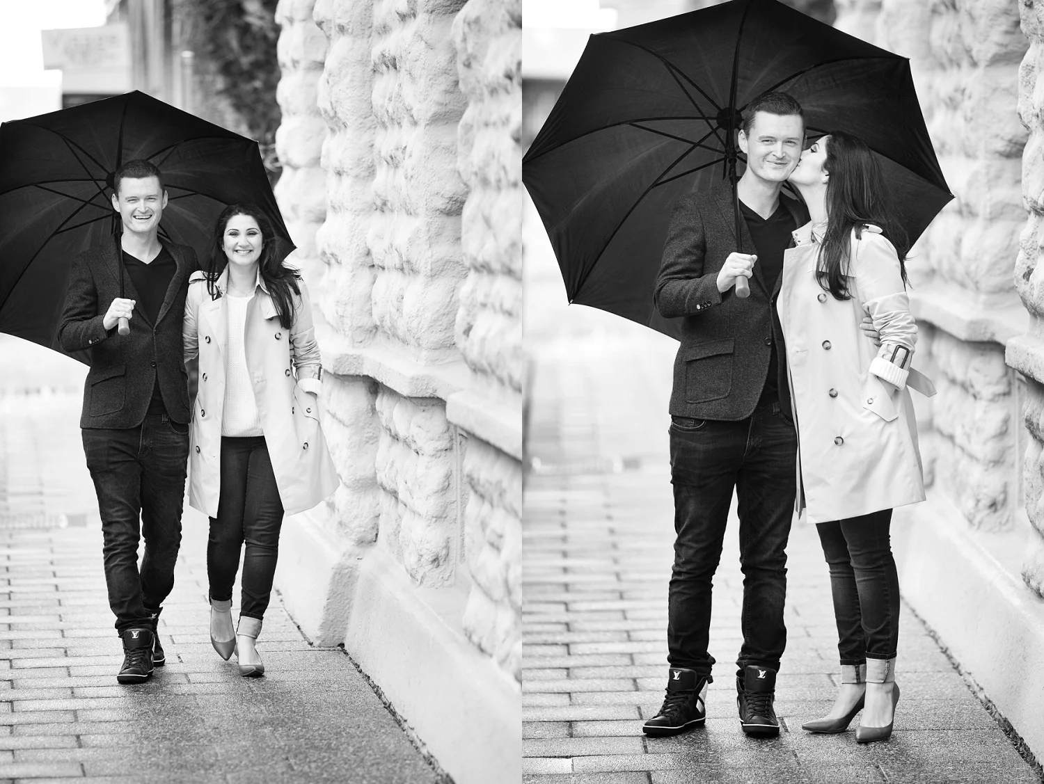perth engagement photos in fremantle in the rain with umbrella