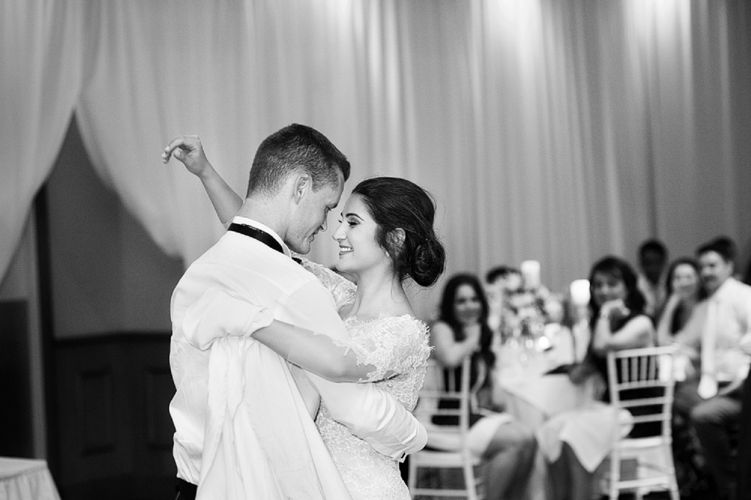 black and white wedding dancing