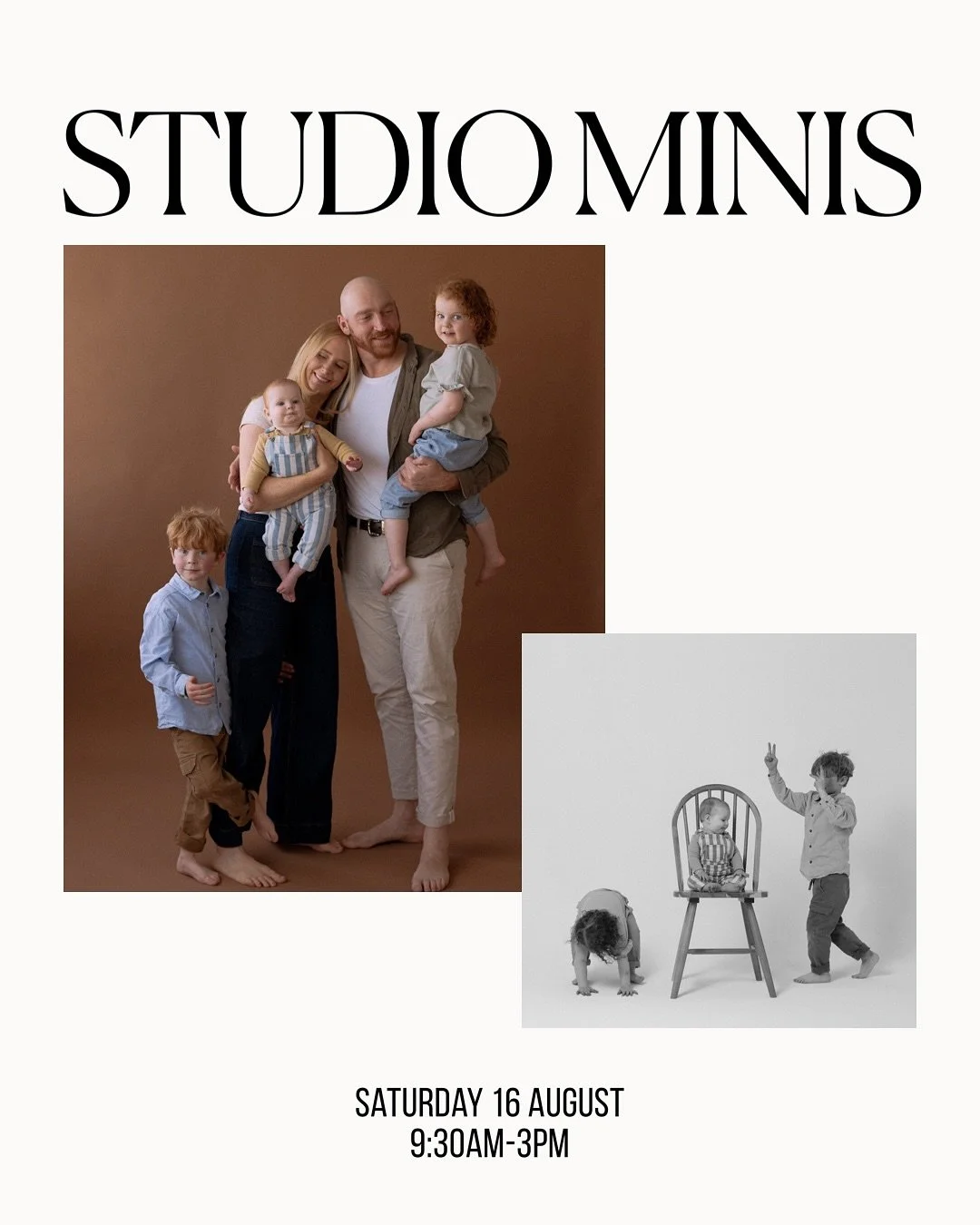 Studio Mini Sessions are here and I&rsquo;m soooo excited to show you a sneak peek from yesterday&rsquo;s test shoot!

A huge thank you to the divine Teanne and Charlie, and their gorgeous trio Freddie, Isla, and Gigi, for helping bring this vision t
