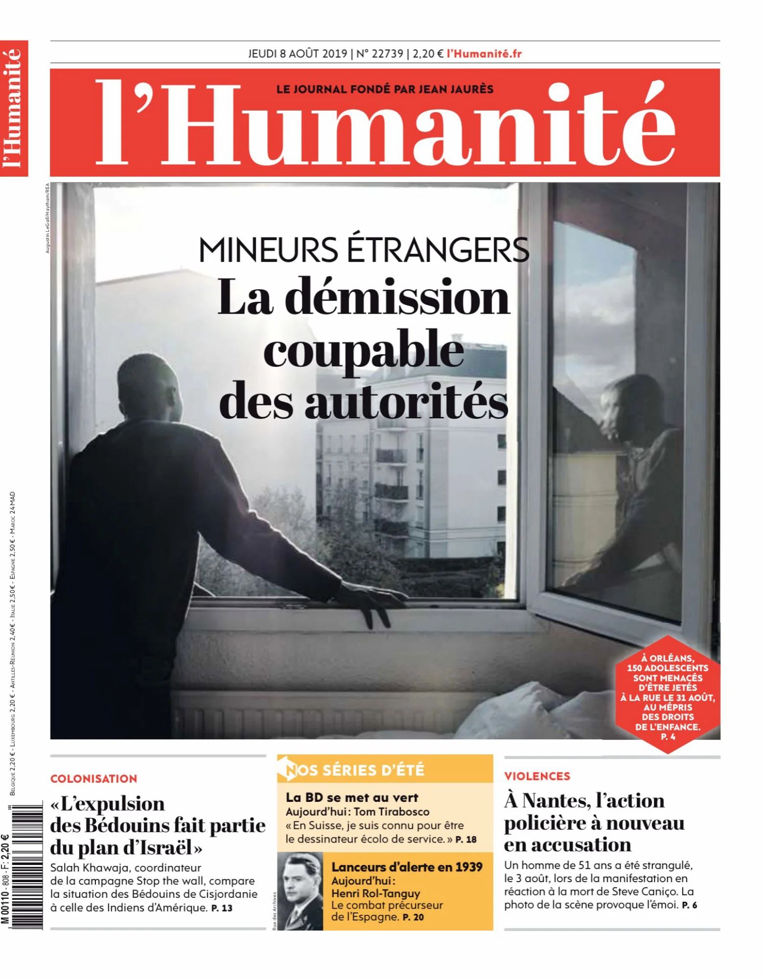 Une de l’Humanité. Reportage sur le dispositif d’accueil de Médecins sans frontières pour les jeunes mineurs migrants non accompagnés. Août 2019.