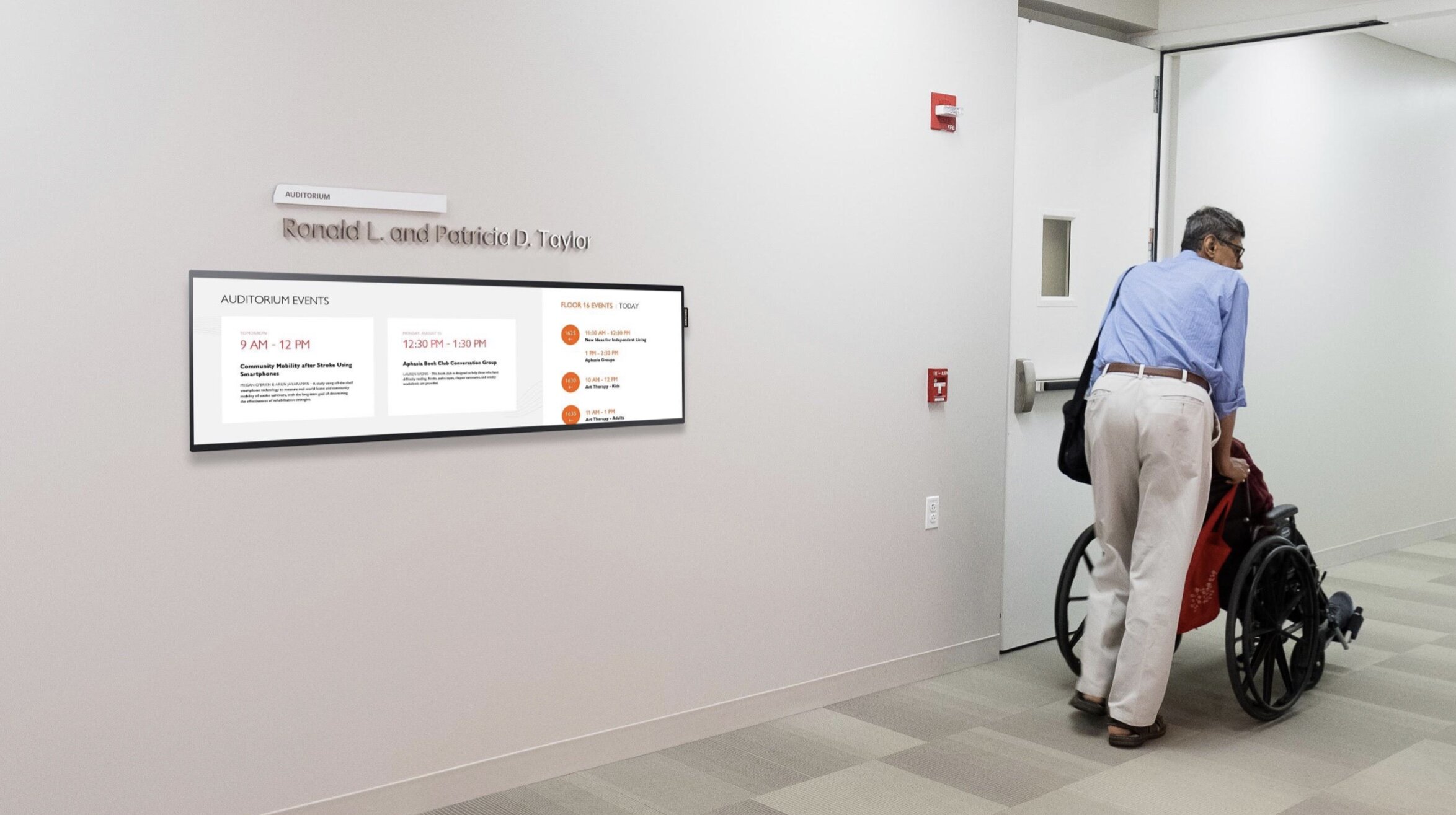 Our mockup showed how this area with high visitor and patient traffic would display a schedule of events for the surrounding rooms.