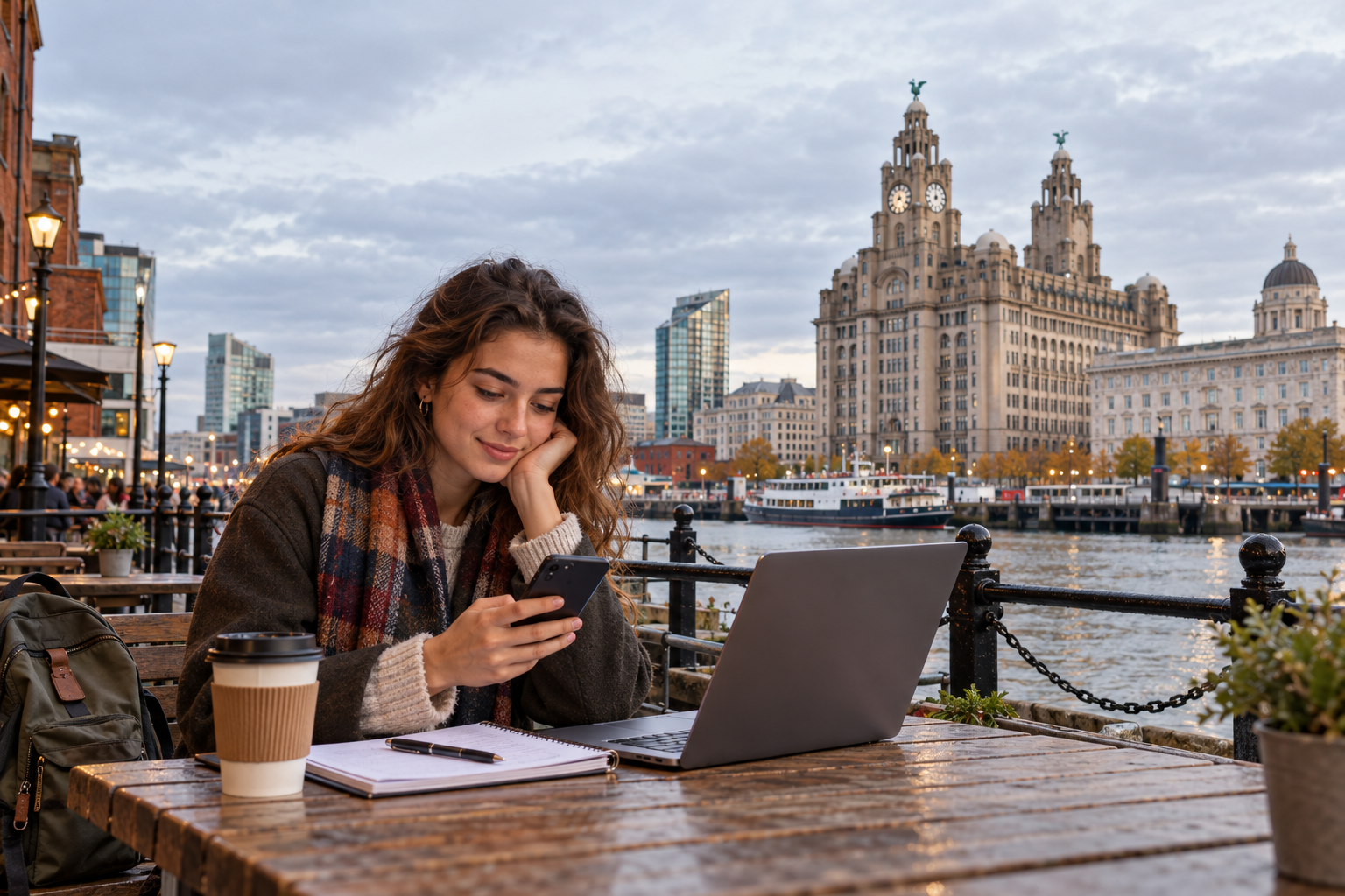 A college student studying beside Liverpool’s waterfront with the Royal Liver Building in the background.