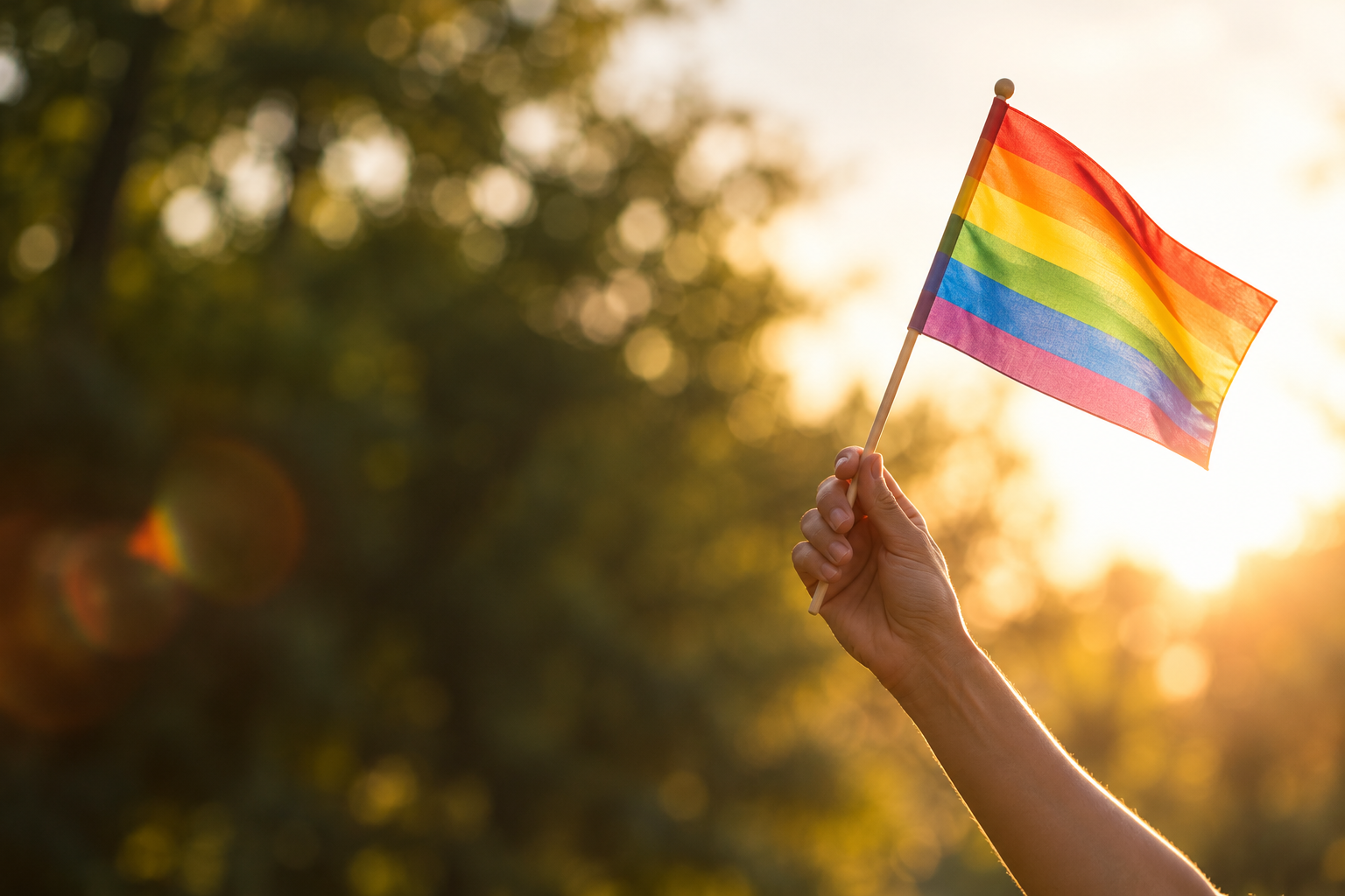 An adult hand holding a rainbow Pride flag in warm sunlight against softly blurred trees.