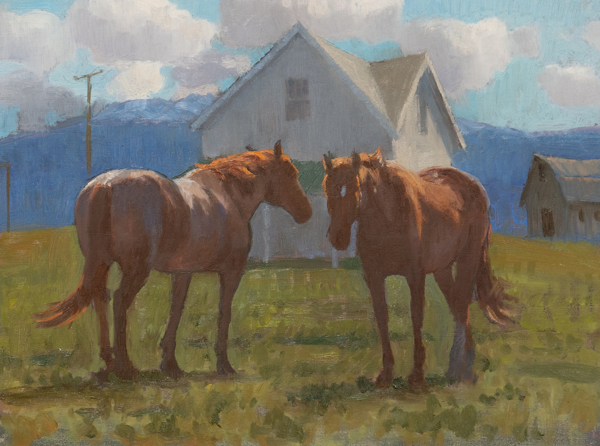 Nate Closson, a native born Montana artist, has created a painting of two horses resting in a field in front of an old farm house.  The painting includes pastures, bright clouds, and mountains.  Scene is peaceful and full of light.