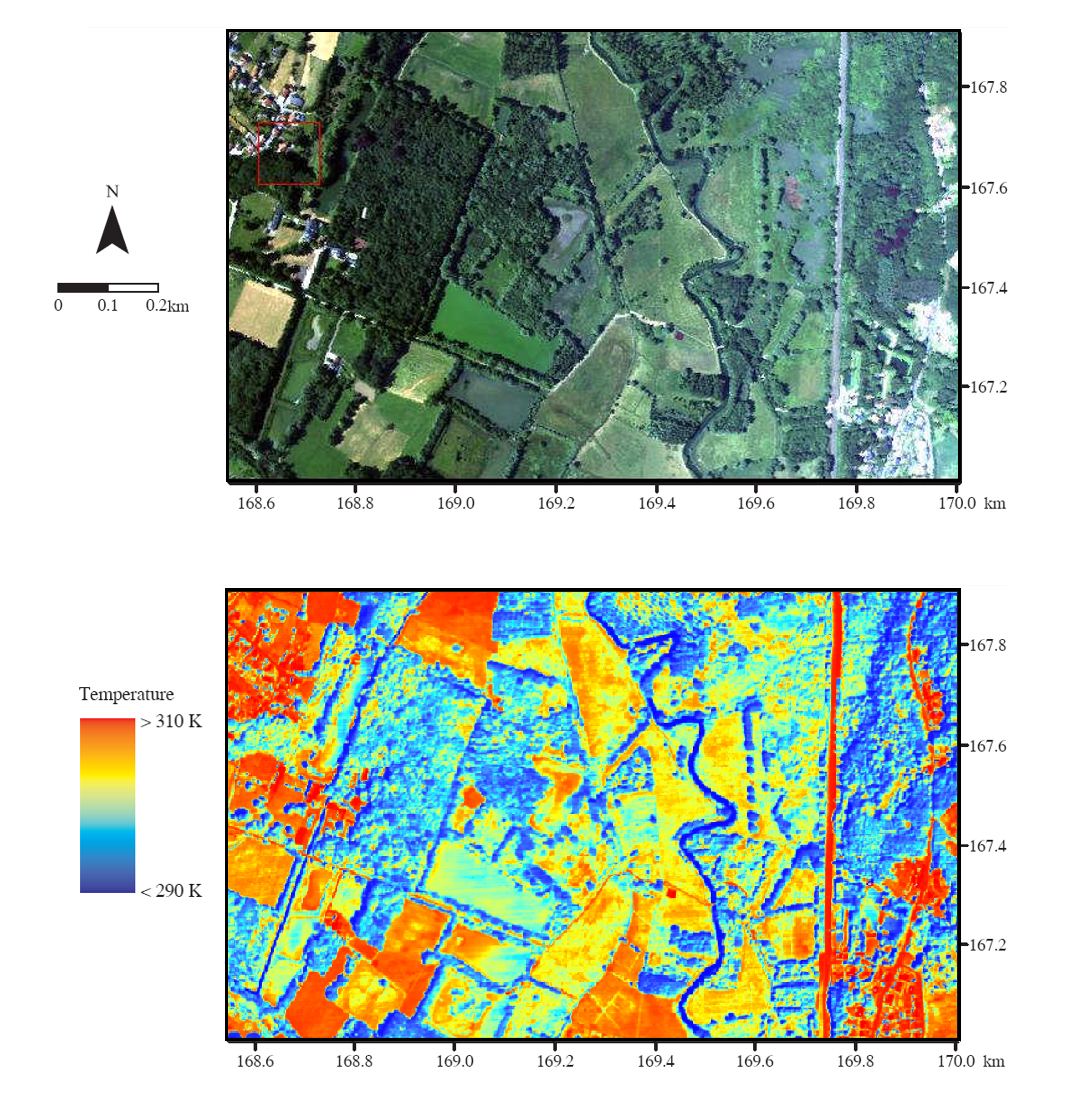 Image of Doode Bemde acquired during a flight campaign. Thermal image (below) is showing a high spatial variability of temperature according to the land use e.g. forests, fields, grasslands.