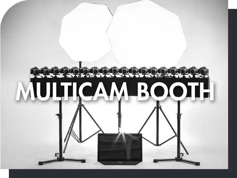 Fotostudio-Setup mit mehreren Kameras, zwei Lichtschirmen und einem Monitor, Beschriftung mit "Multicam Booth".