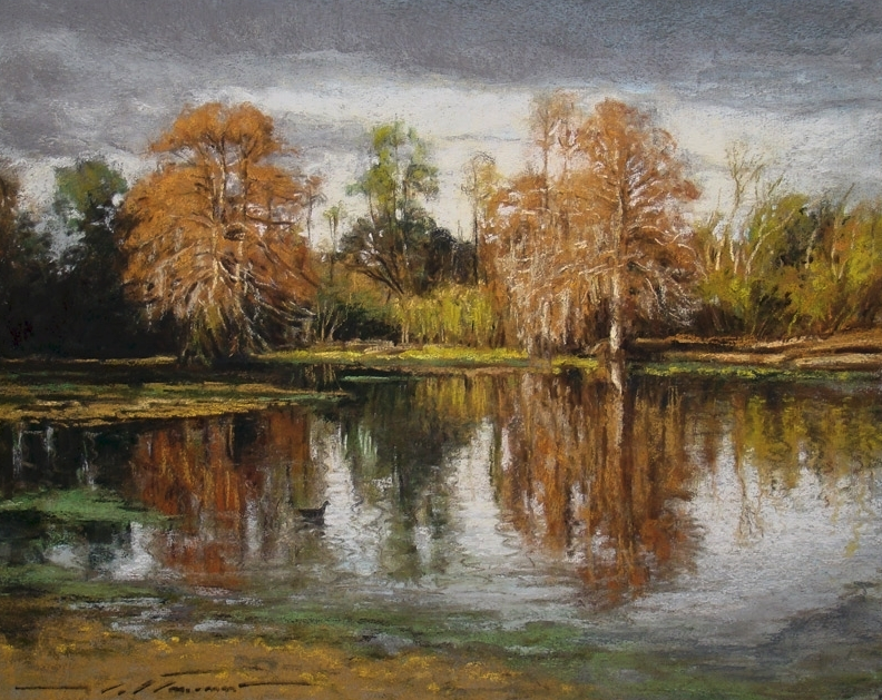 Cypress Pond at Fontainebleau Park - Pastel on Granular Board - by Alan Flattmann