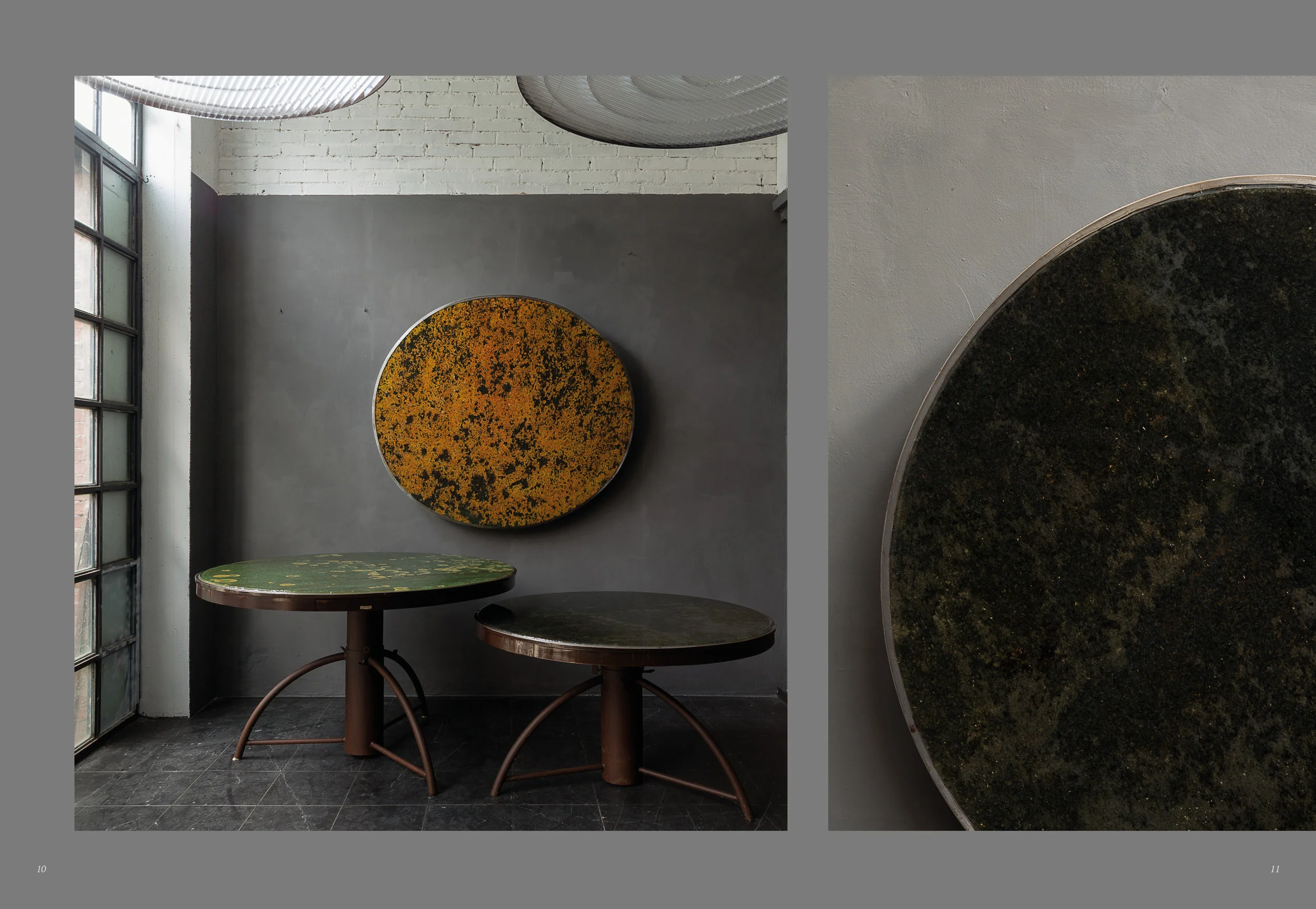 Carlo Trucchi, tables Yellow / Green Symbiosis, vue dans son atelier en Italie, crédits photos by ITrucchi.
