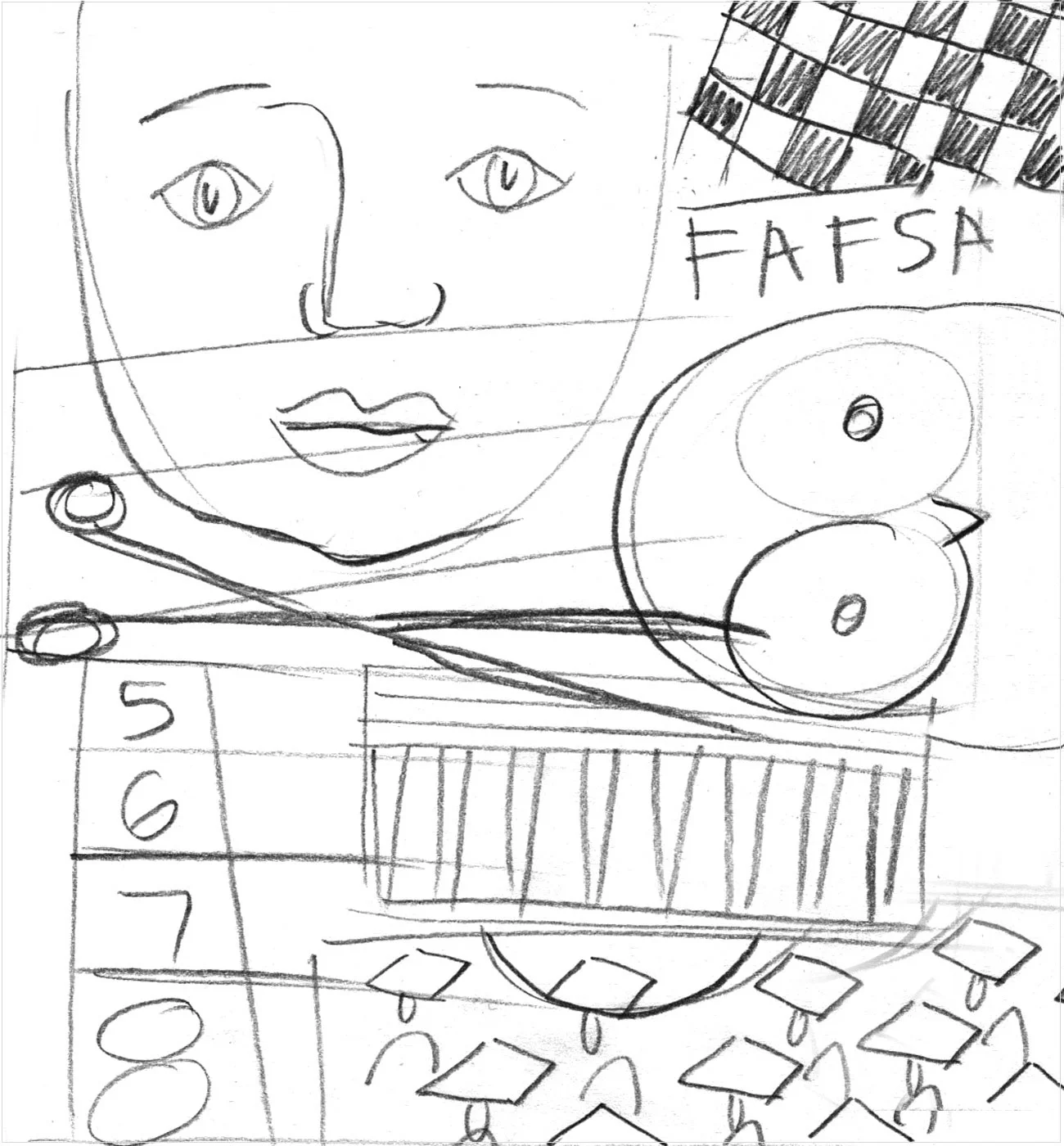 montage of worried face, finish line flag, owl, scissors, upside down university, graduation scene, financial aid forms, diploma (ripped or cut up)