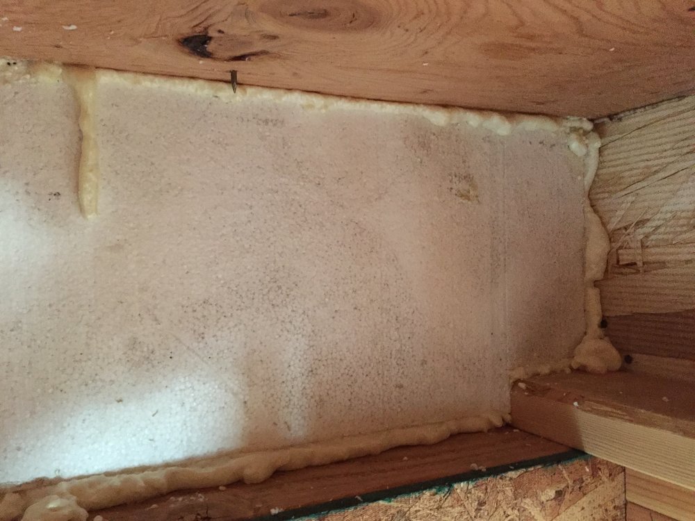  The exposed section of rim joist between the floor joists had to be painstakingly air sealed and insulated. 