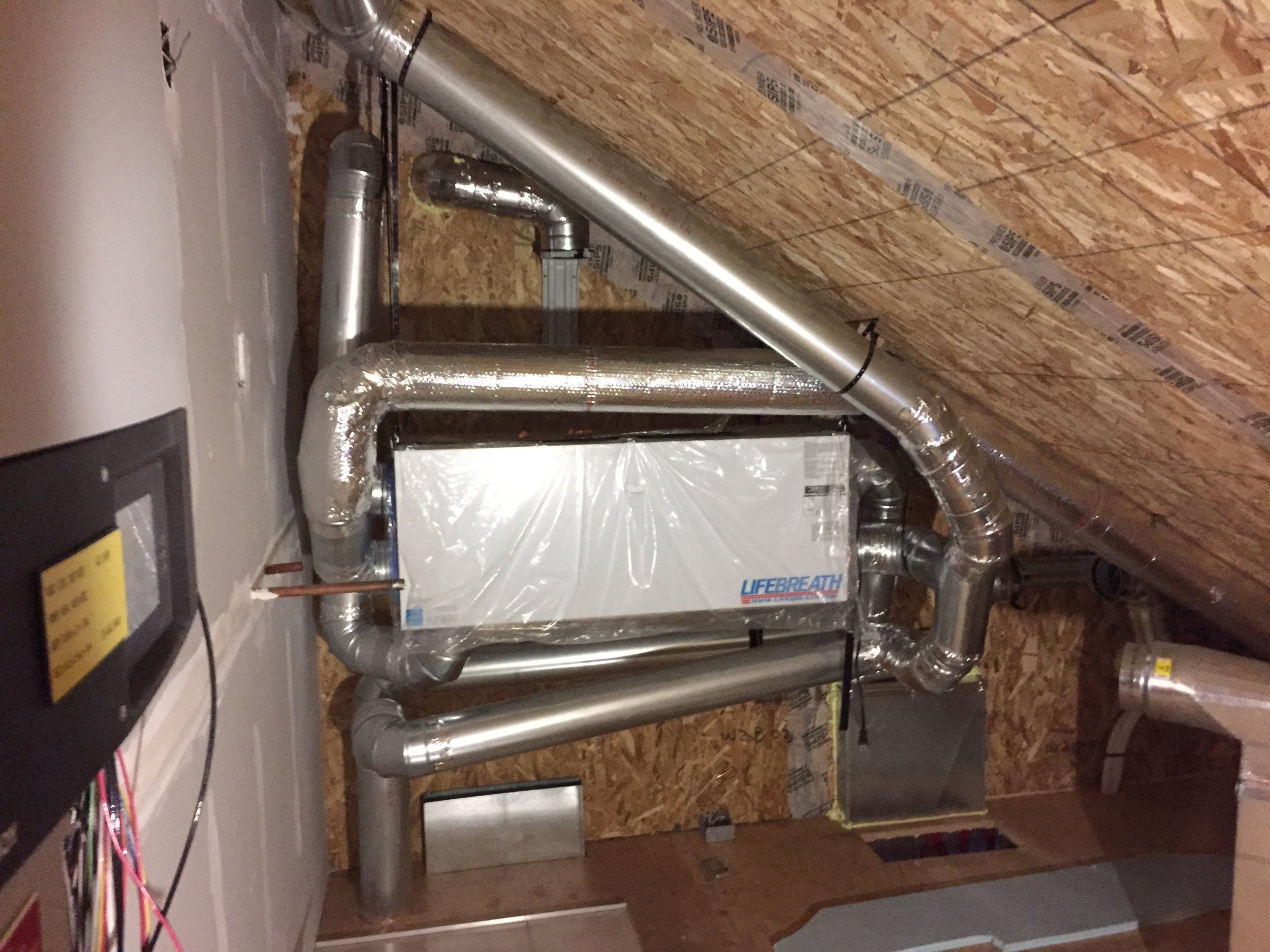 Our HRV delivering fresh air to every room in the house. It runs constantly, but there will be remotes in each bathroom to ramp up the flow during showers.