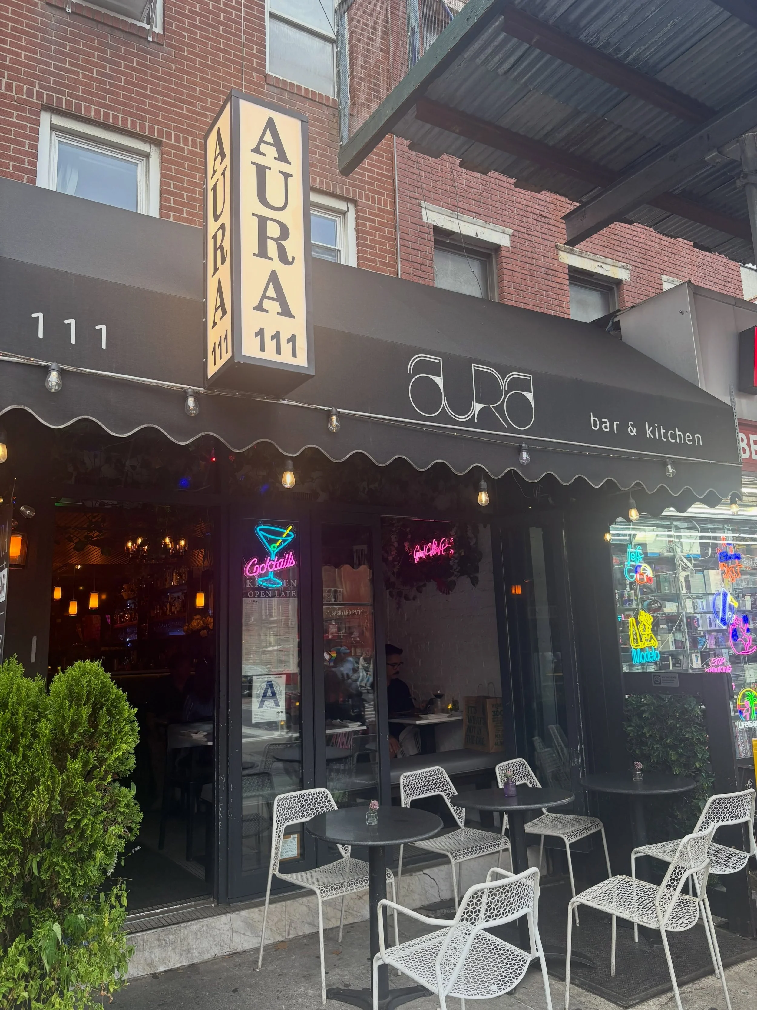 @aurabarandkitchen 
111 1st Ave 

Hours:
Monday	&bull; Closed
Tuesday-Wednesday &bull; 3:30 PM&ndash;1 AM
Thursday &bull; 3:30 PM&ndash;1:30 AM
Friday-Saturday &bull; 3:30 PM&ndash;2 AM
Sunday &bull; 3:30 PM&ndash;12:30 AM