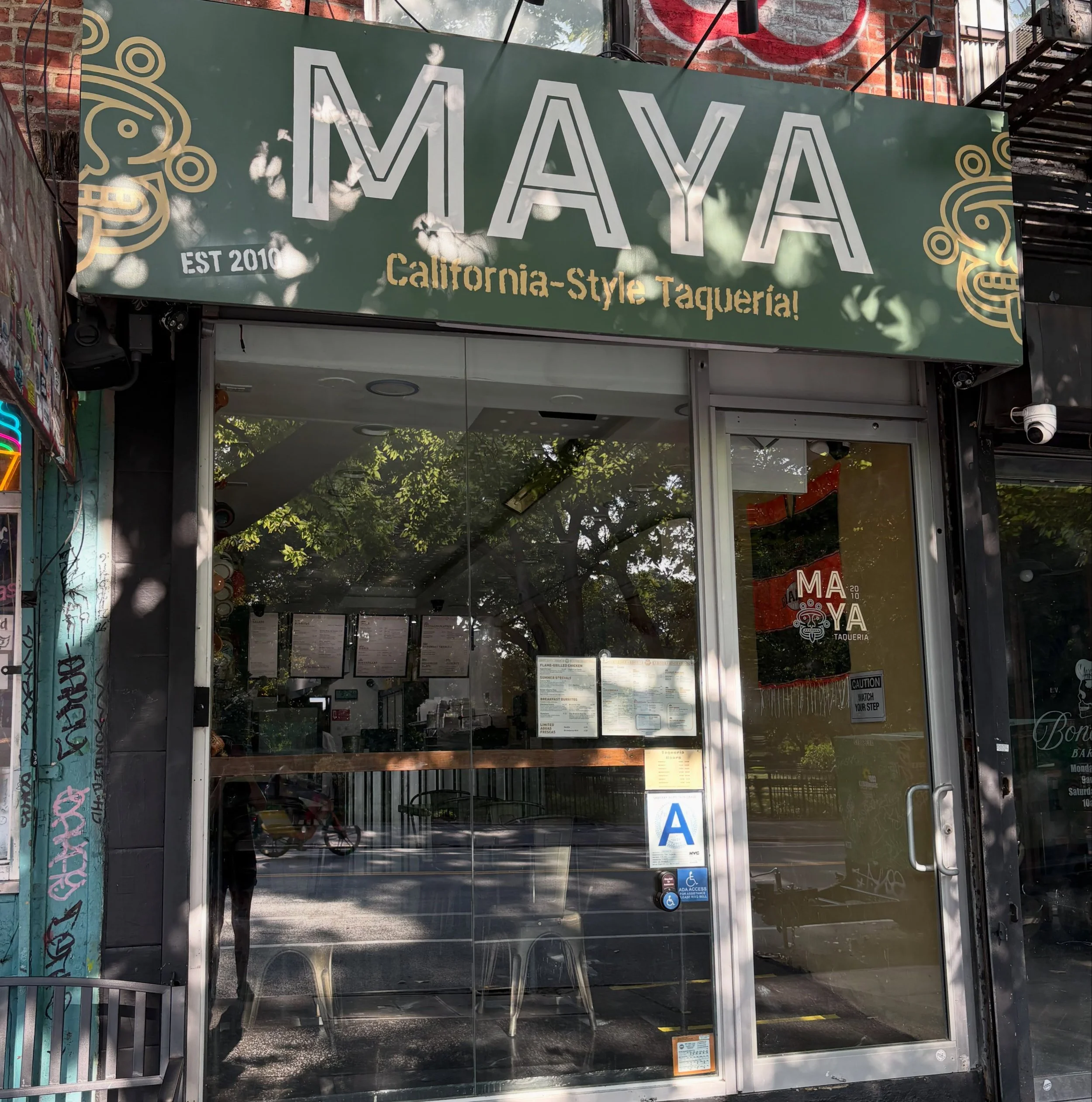 @mayataqueria 
115 Ave A

Hours:
Sun
11:00 AM - 10:00 PM
Mon - Thu
11:00 AM - 12:00 AM
Fri - Sat
11:00 AM - 4:00 AM