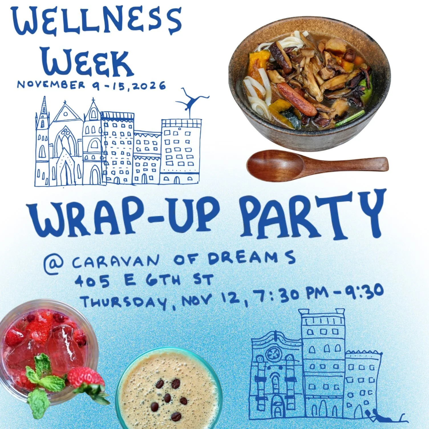 As part of East Village Wellness Week (November 9th - 15th), swing by the Closing Party, free and open to all, taking place at Caravan of Dreams (405 E 6th St) on Thursday, November 12th, from 7:30 PM to 9:30 PM! 
Meet your East Village neighbors and