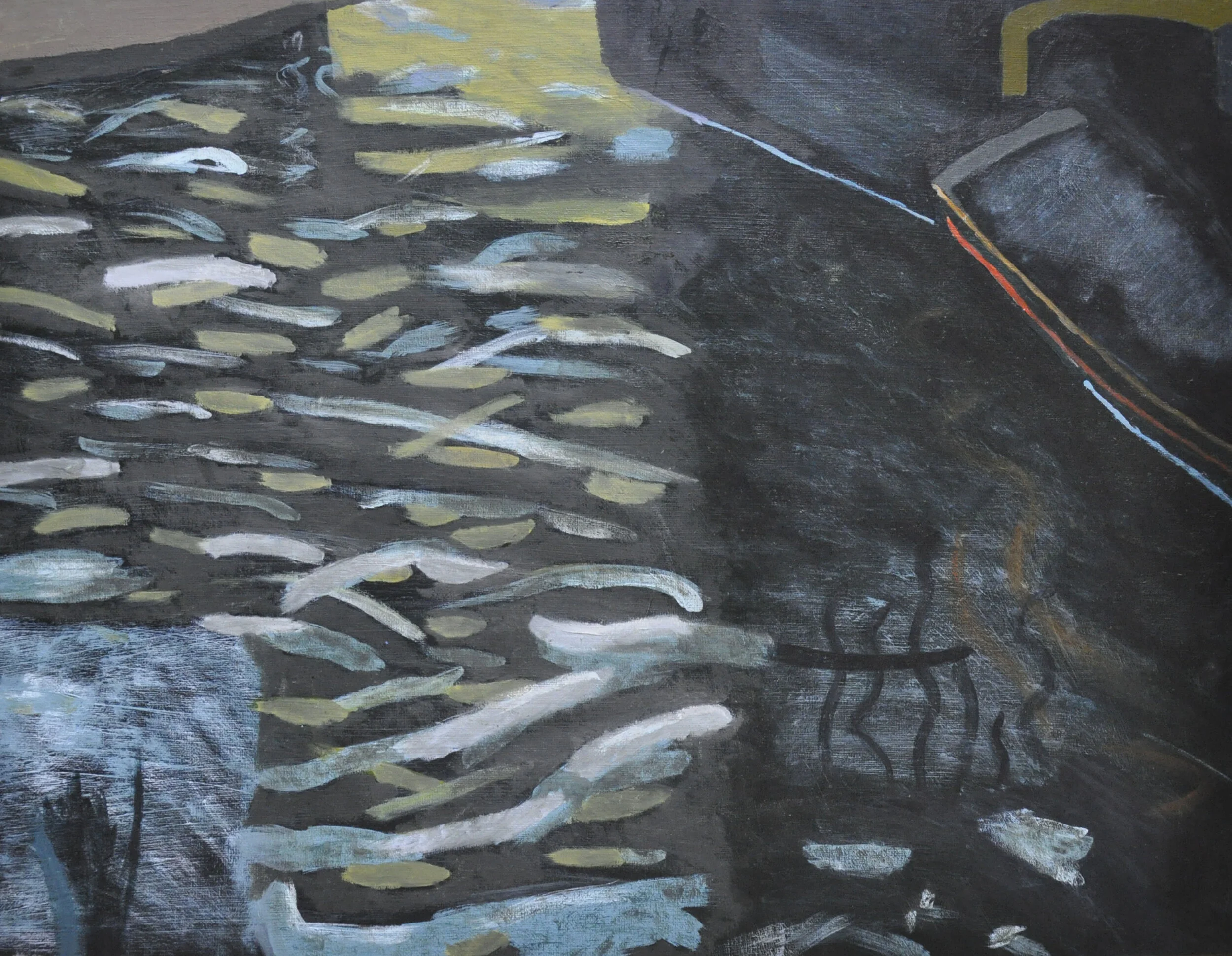  This is 1/4 of a painting. The assignment was for 4 people to paint a section of a whole painting and once finished, to see if all 4 pieced aligned.   Original painting: La Grenouillère by Claude Monet   Size:  18”x24”   Medium:  Acrylic Paint 