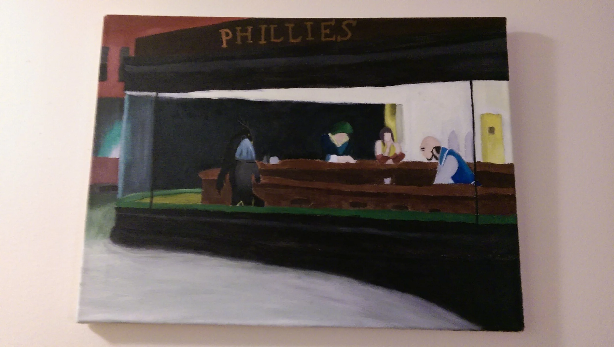  An adaptation of the painting of “The Nighthawk” by Edward Hopper with the characters from the show, Cowboy Bebop.     Size:  18”x24”   Medium:  Acrylic Paint 