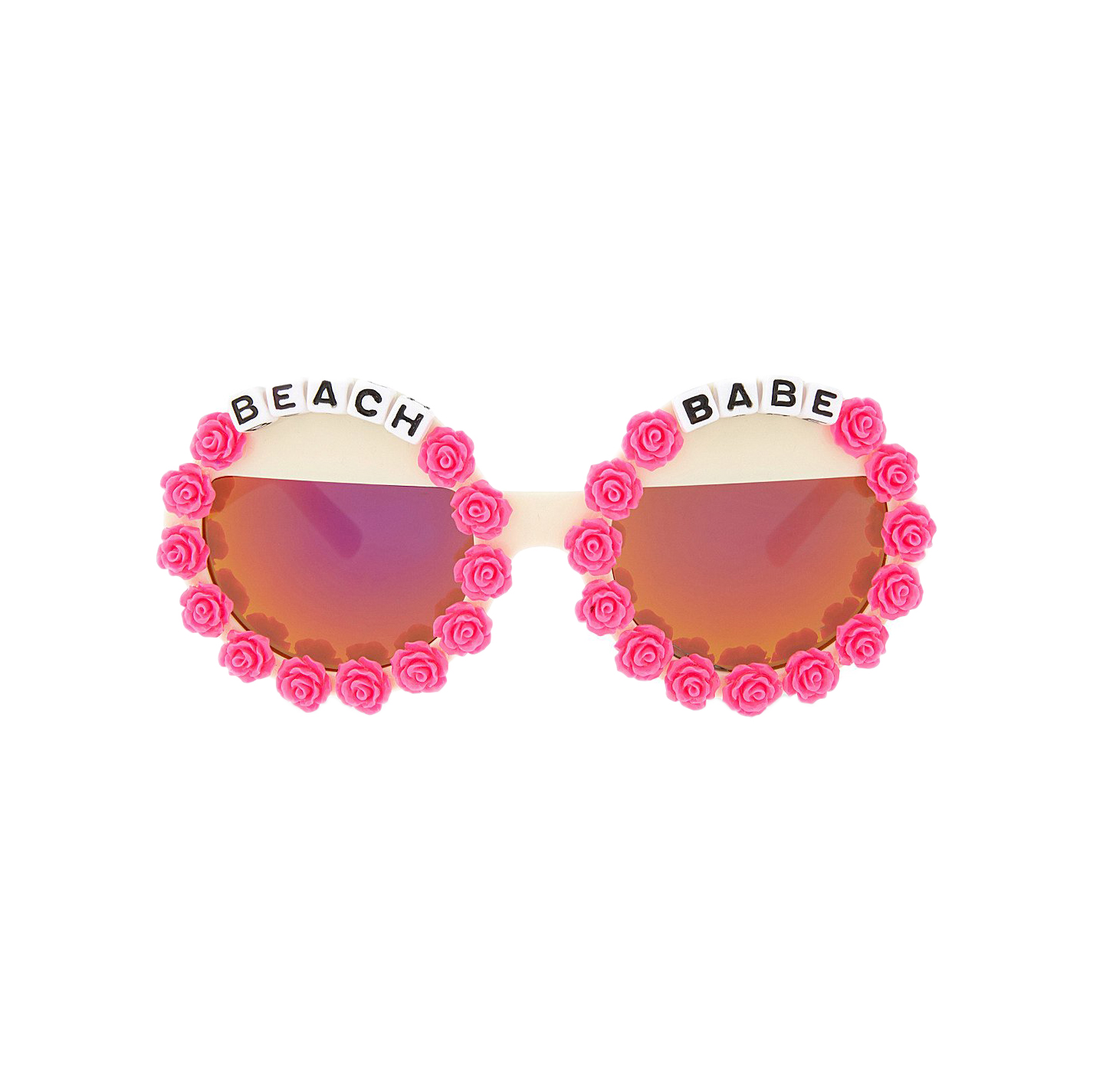 Round sunglasses with pink rose charms and words "beach babe." Sold at Nordstrom. Wear during Corona Virus COVID-19 pandemic while social distancing. Sunglasses by Rad and Refined. 