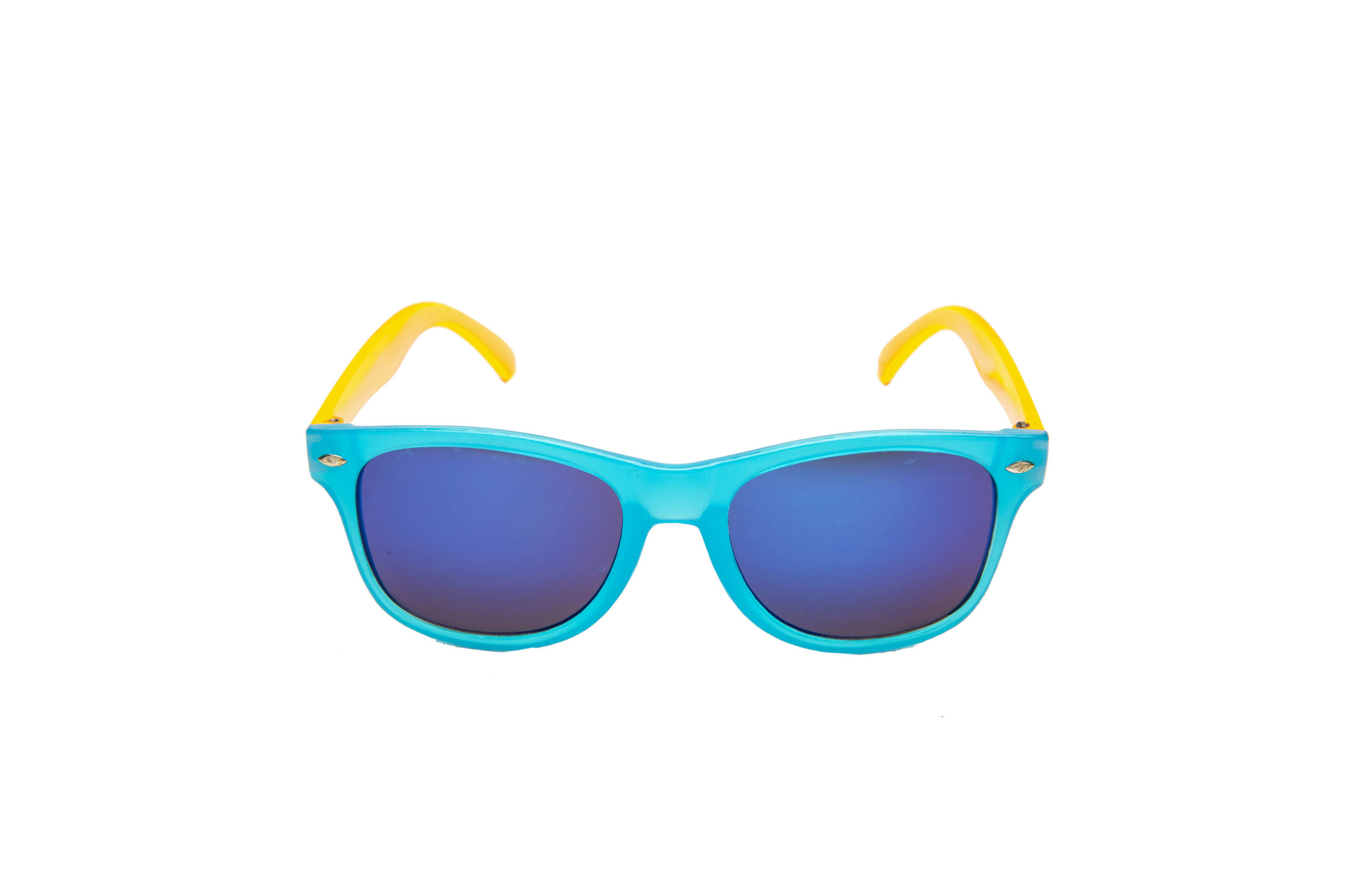 Trendy summer fashion kids wayfarer sunglasses with blue and yellow frame and royal blue lenses by Rad and Refined
