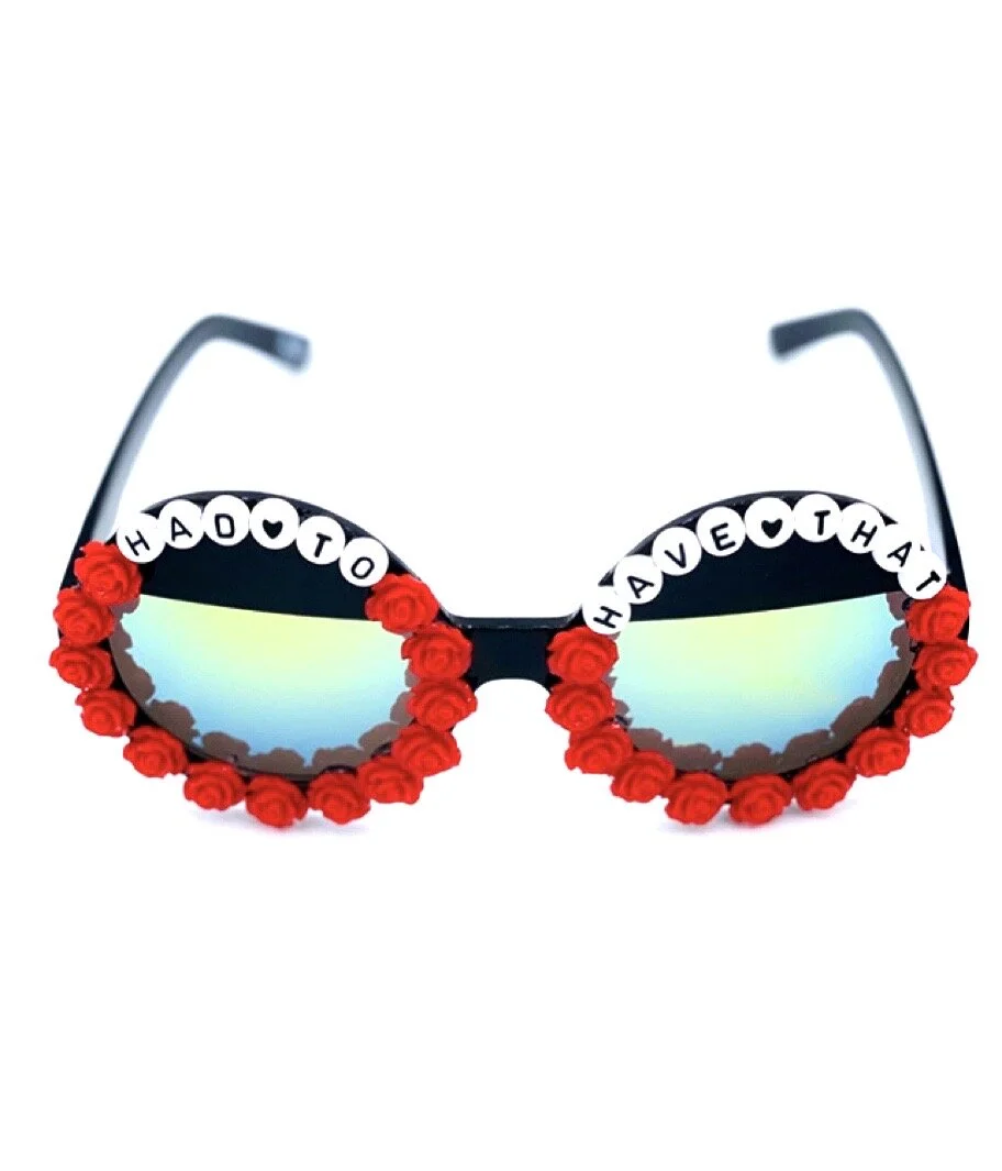 Circle sunglasses with black frames and mirror lens. Red rose charms. Perfect for fans of PHISH Mike Gordon Trey Anastasio Paige McConnell. Perfect for COVID-19 Corona Virus pandemic. 