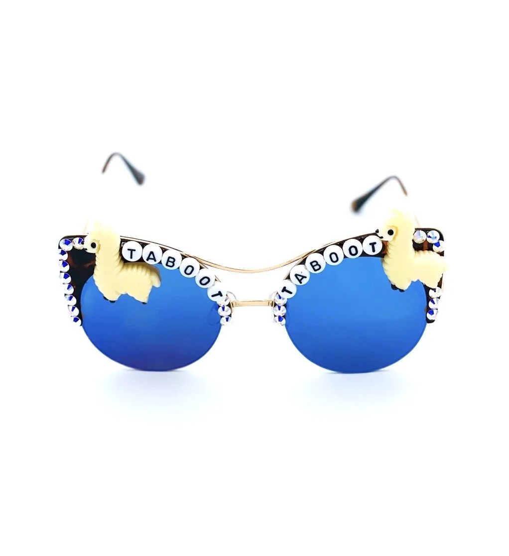 Cat eye sunglasses with blue lenses. Perfect for fans of PHISH Mike Gordon Trey Anastasio Paige McConnell. Wear during COVID-19 Corona Virus pandemic. By Rad and Refined.