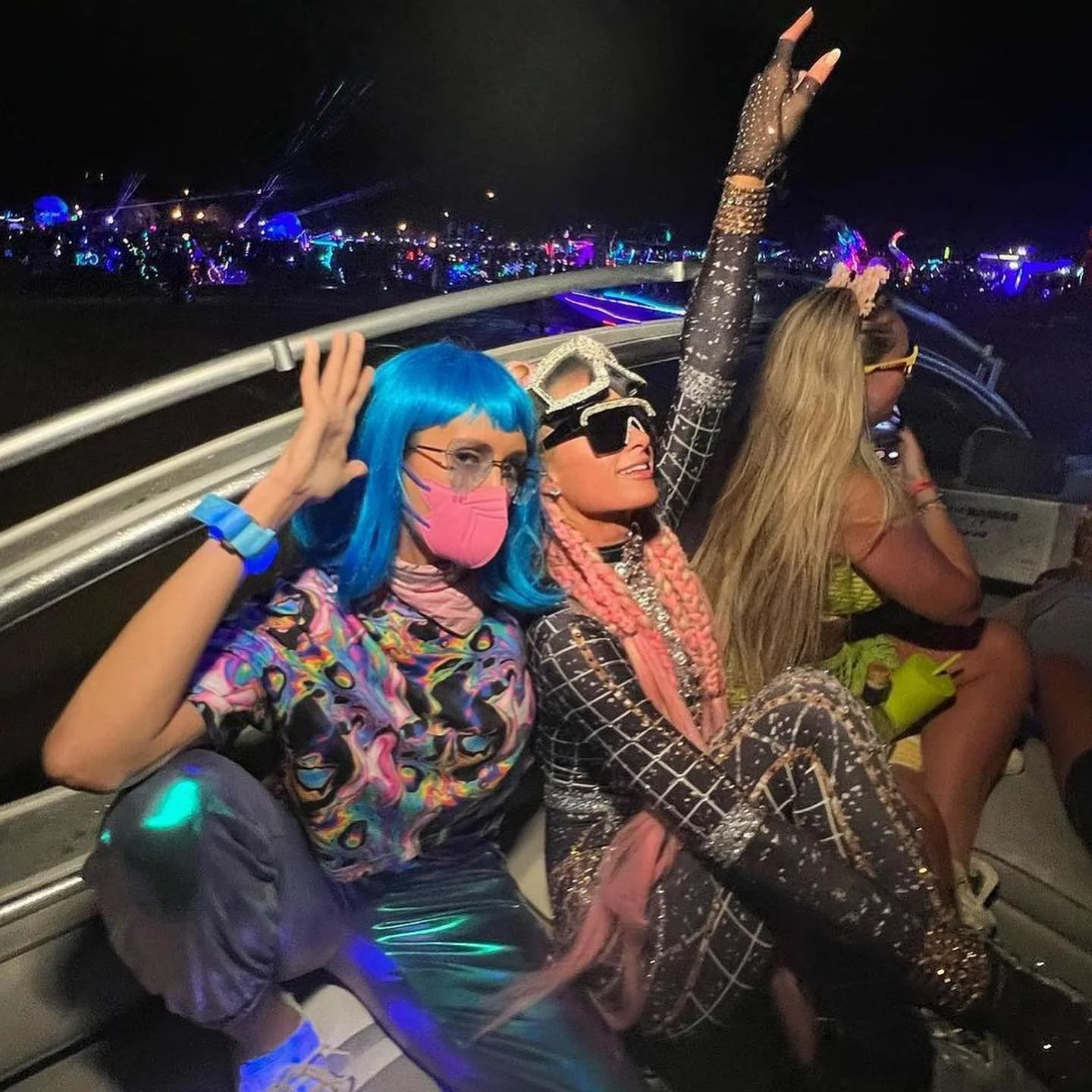 @nina + @parishilton #sliving at #burningman2022 in our blingin crystal goggles handmade by @jacquelinerezak YAS! 🪩🔥🥽🪩

📸 @kevinostaj 

Swipe ➡️ for a closer 👀
Available to 🛍 at @nordstrom 

#burnerbae #burningman #parishilton #ninadobrev #tha