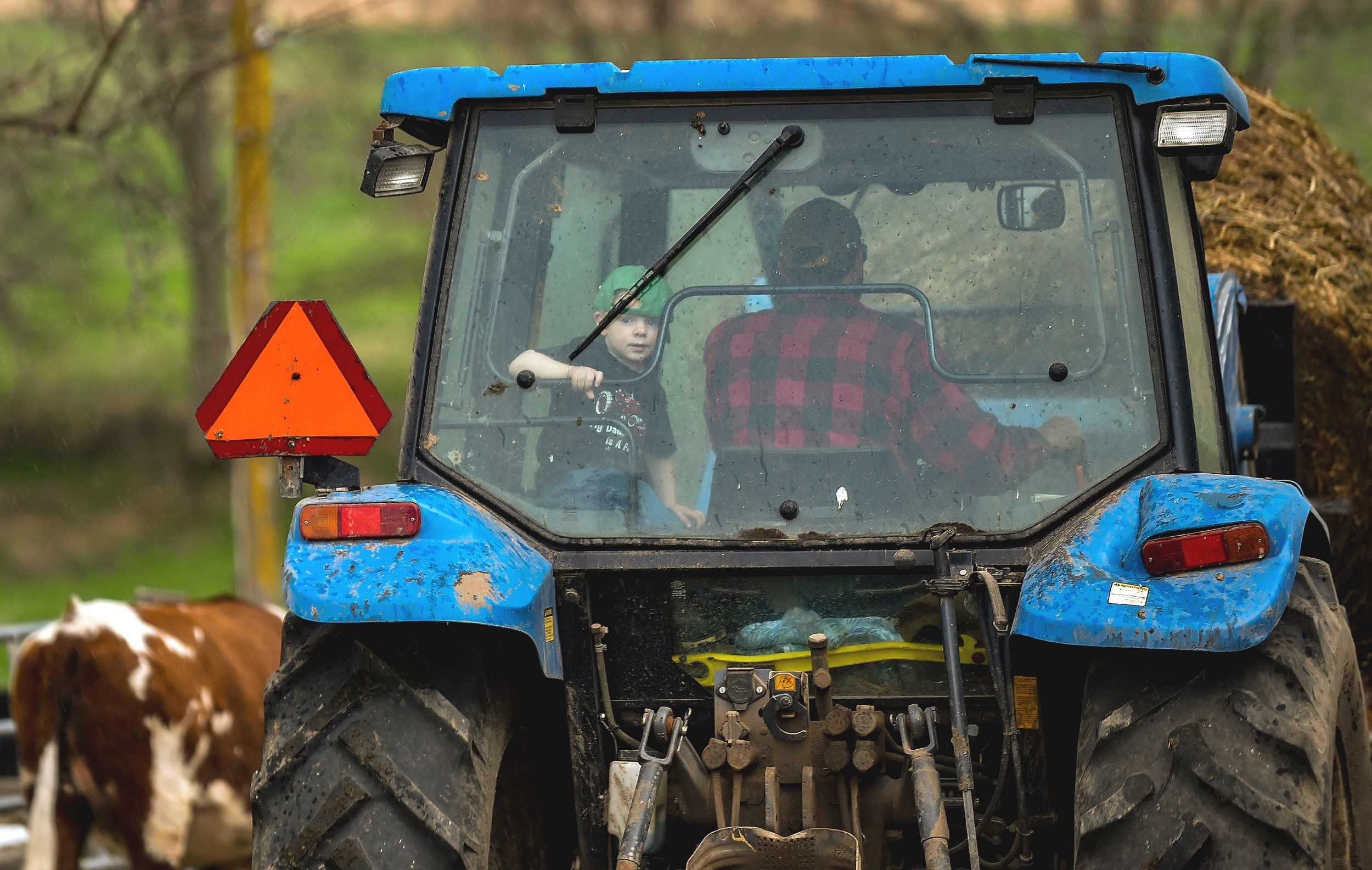  Theo DePauw looks out the back of the tractor his father, Tom DePauw, is driving while moving old hay out of the farm April 22 in Port Byron. 