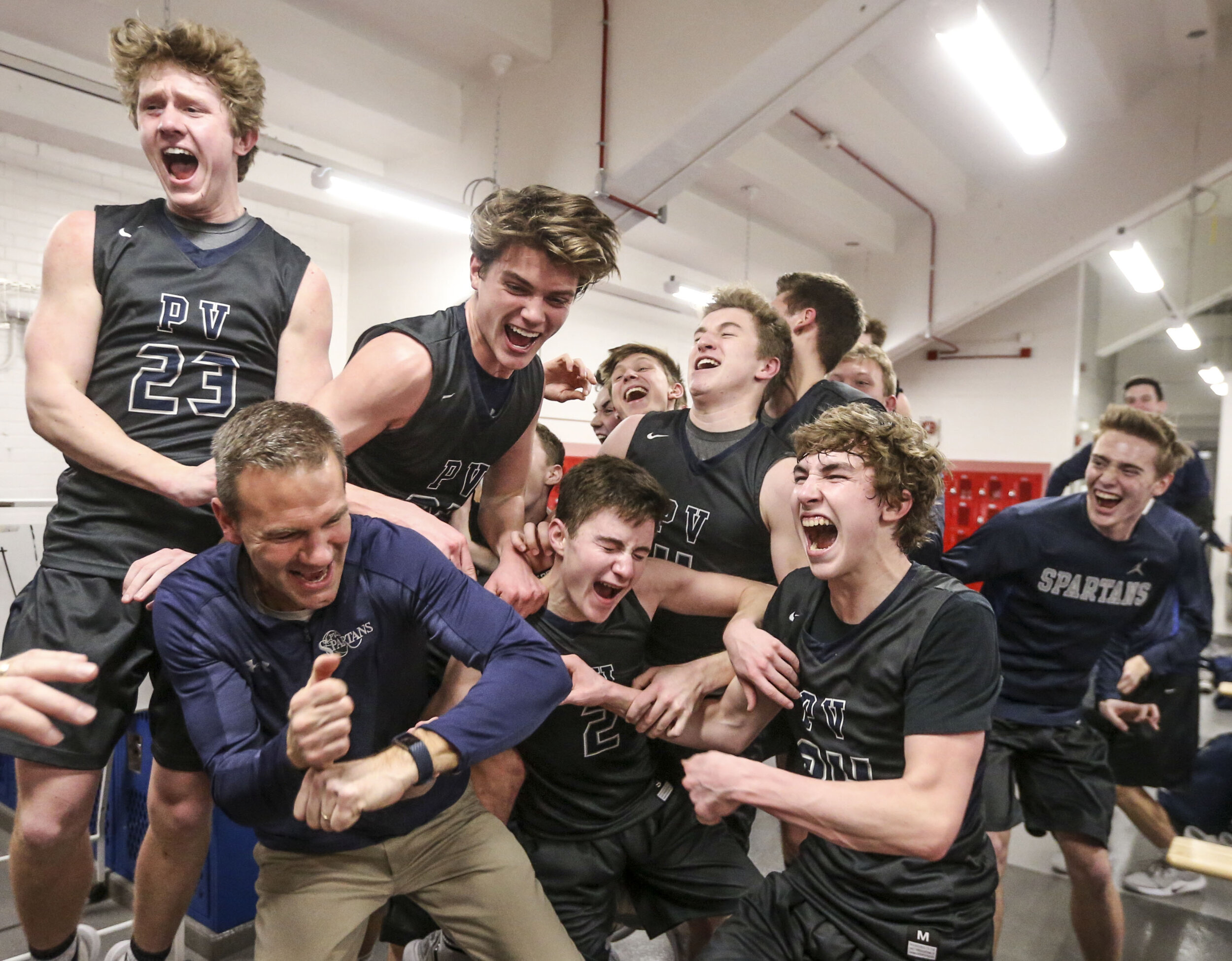  Pleasant Valley celebrates after beating Central in the Class 4A substate semifinal at Davenport Central High School in Davenport Feb. 28, 2020. Final Score: Pleasant Valley, 59 Davenport Central 47. 