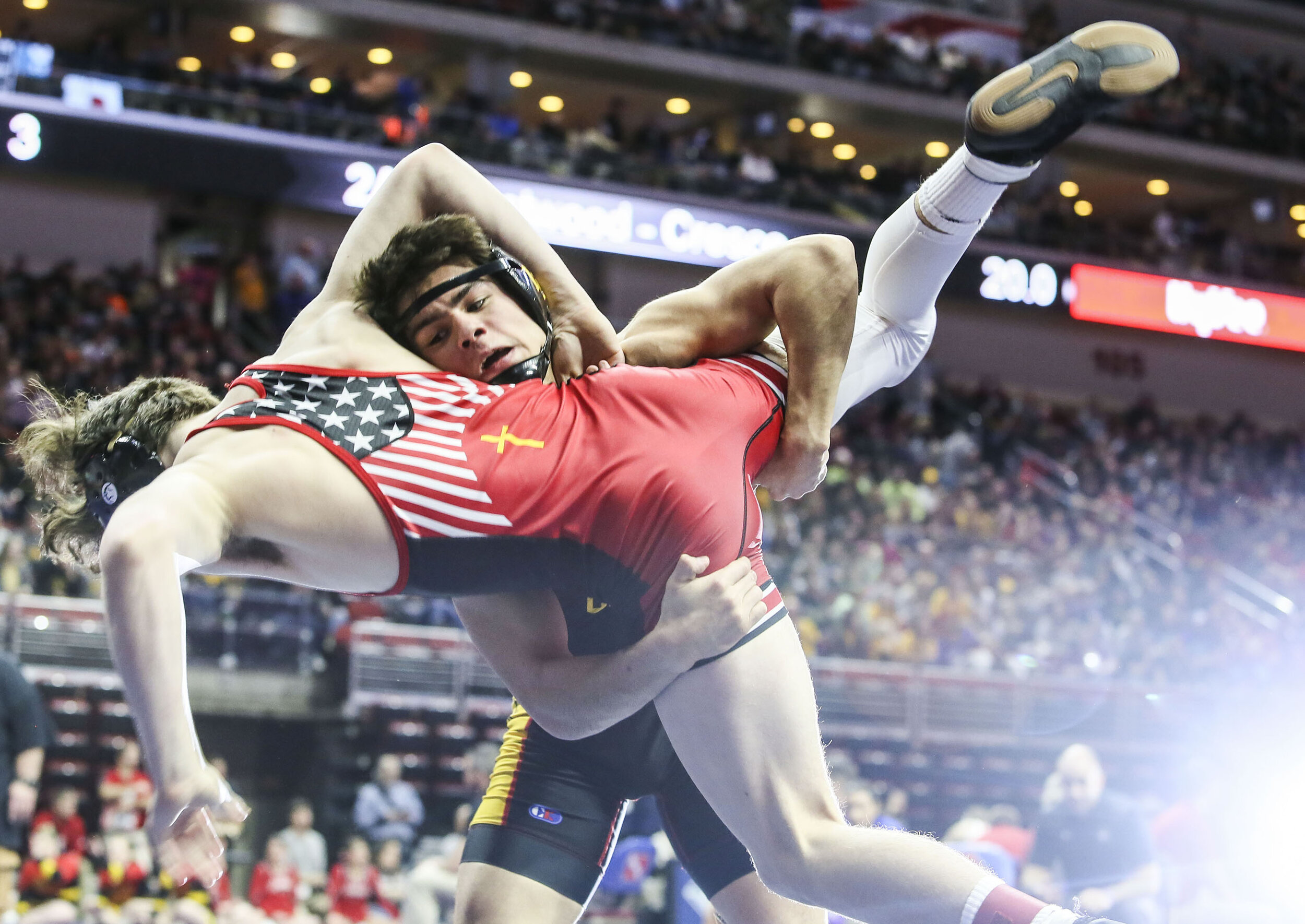  Assumption's Michael Macias wrestles against Iowa Falls/Alden's Alberto Salmeron in the 138 weight class during the 2020 Iowa State Wrestling Championships Class 2A at the Wells Fargo Arena in Des Moines, Thursday Feb. 21, 2020. 