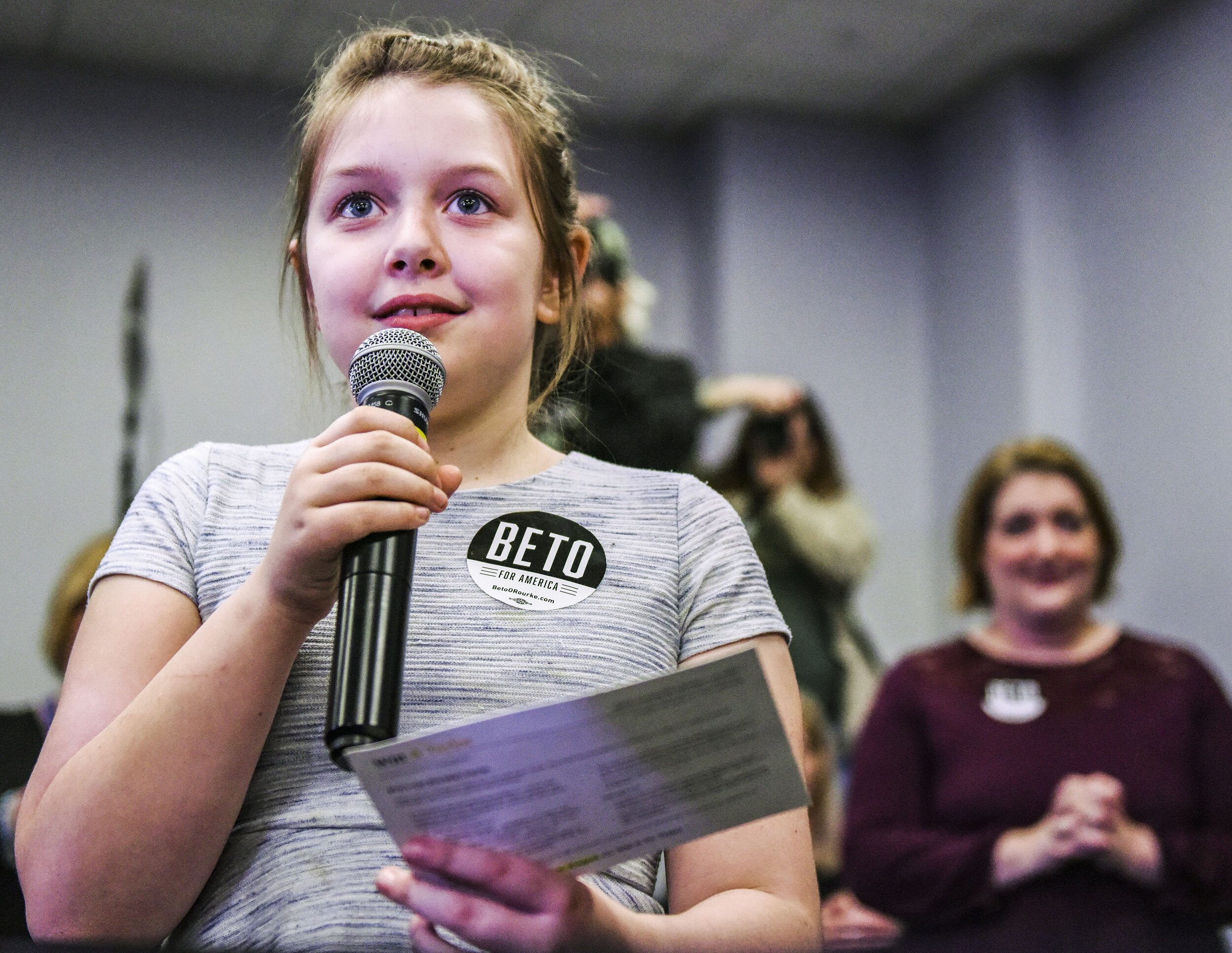  Anjuli Kranz, 9, of Davenport, asks Democratic presidential candidate and former Texas Congressman Beto O'Rourke, "I want to know if you are going to fully fund IDEA?" during a town hall meeting at River Music Experience, Monday, May 20, 2019, in Da
