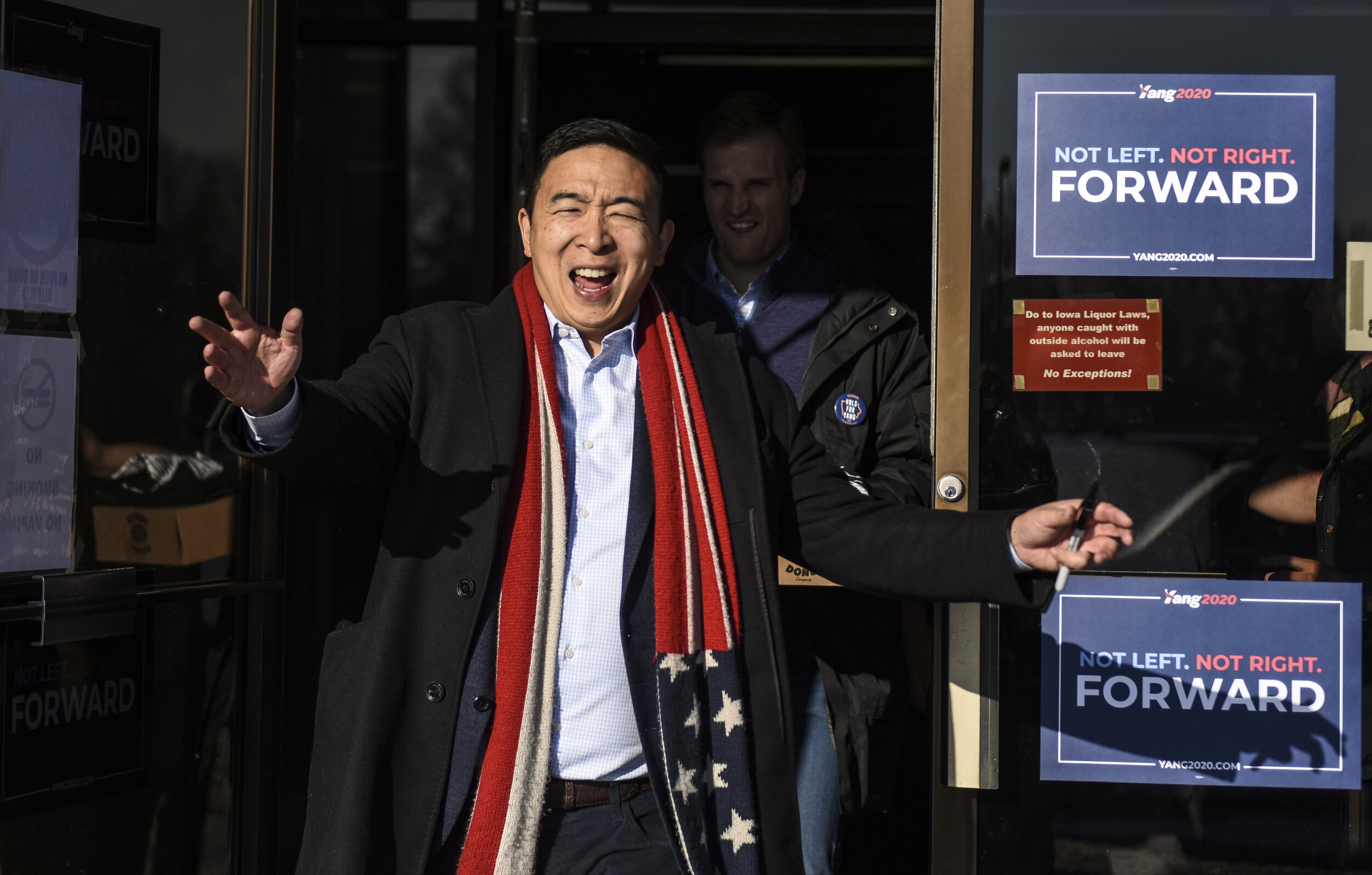  Democratic presidential hopeful and entrepreneur Andrew Yang made a stop at Big River Bowling to meet with supporters, Wednesday, Dec. 11, 2019, in Davenport. 