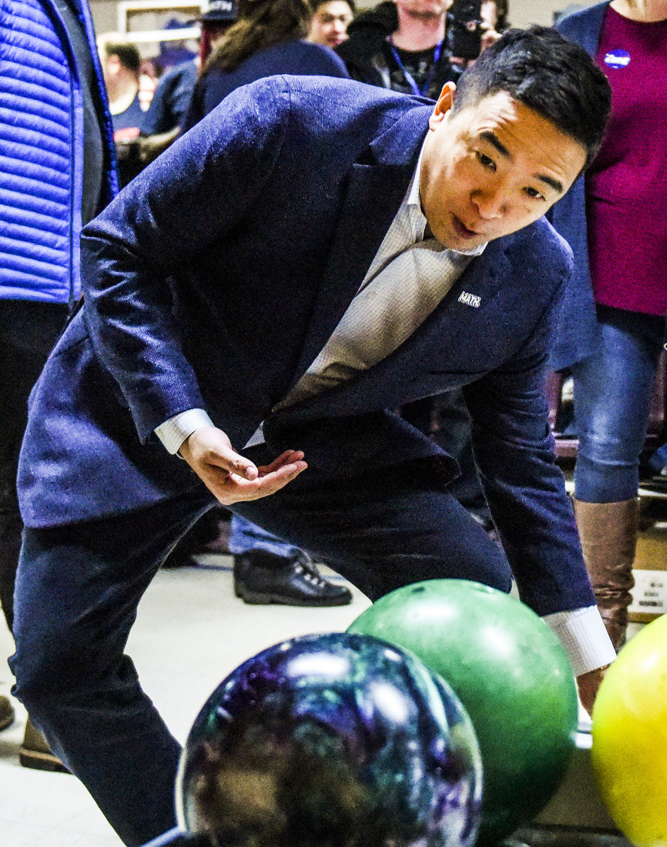  Democratic presidential hopeful and entrepreneur Andrew Yang made a stop at Big River Bowling to meet with supporters, Wednesday, Dec. 11, 2019, in Davenport. 