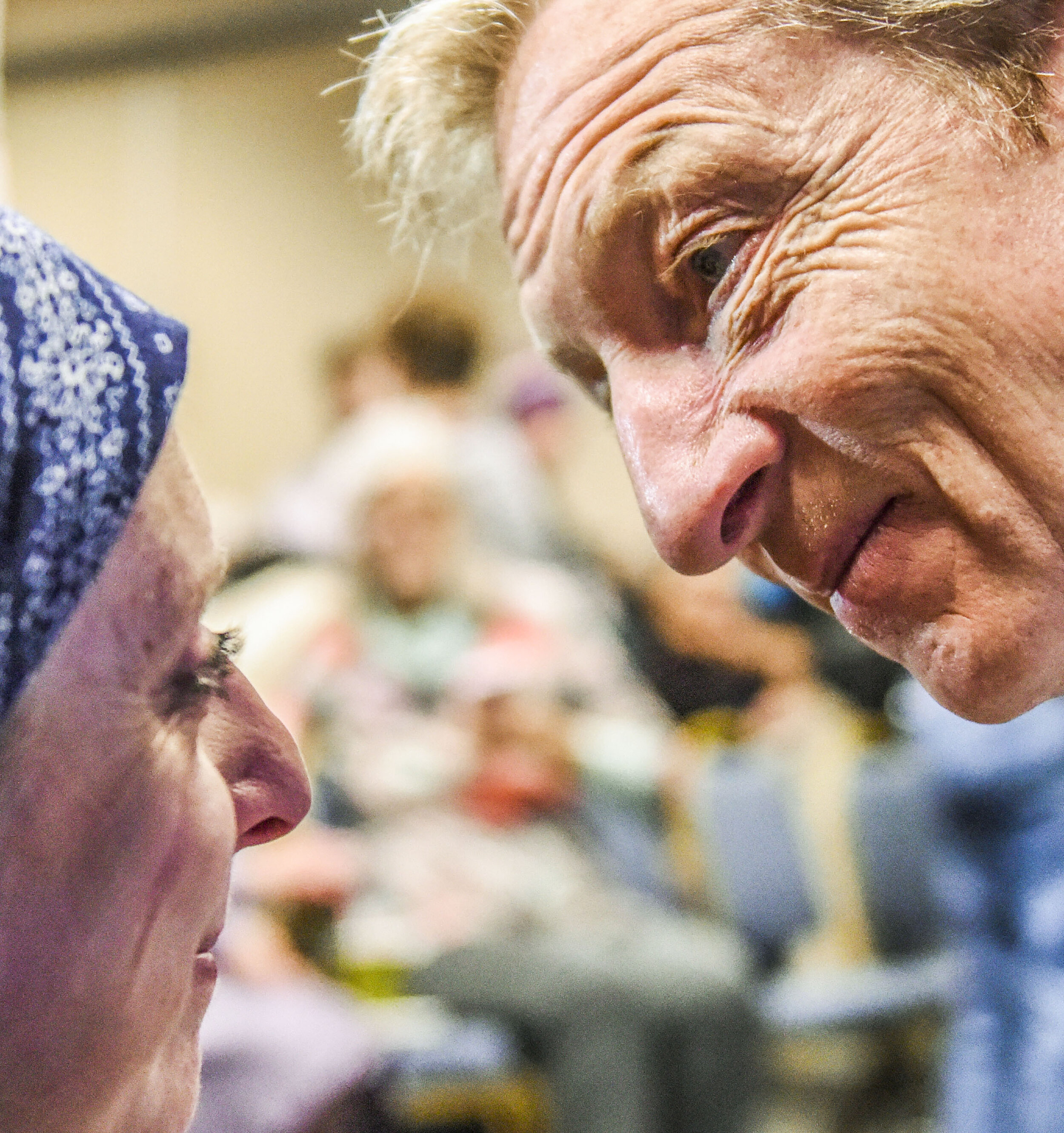  Democratic presidential candidate Tom Steyer, speaks with Lisa Killinger of Davenport at the Center for Active Seniors in Davenport, Iowa, Monday, Dec. 16, 2019. Killinger said she wanted to thank Steyer for his hard work, intelligence, morals, char