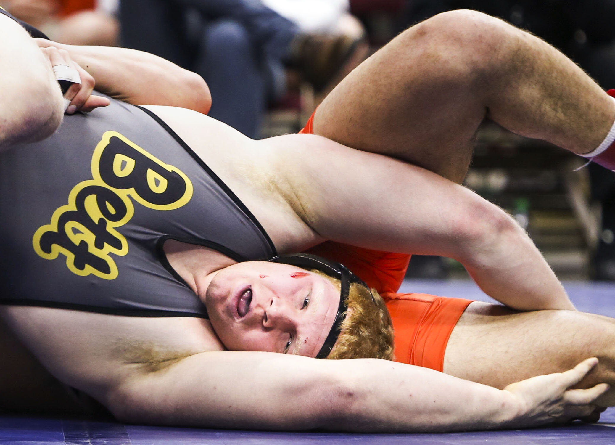  Bettendorf’s Griffin Liddle wrestles Ames’ Gabriel Greenlee in the 285 weight class during the 2021 IHSAA State Wrestling Tournament at Wells Fargo Arena in Des Moines, Iowa, Saturday, February 20, 2021. 