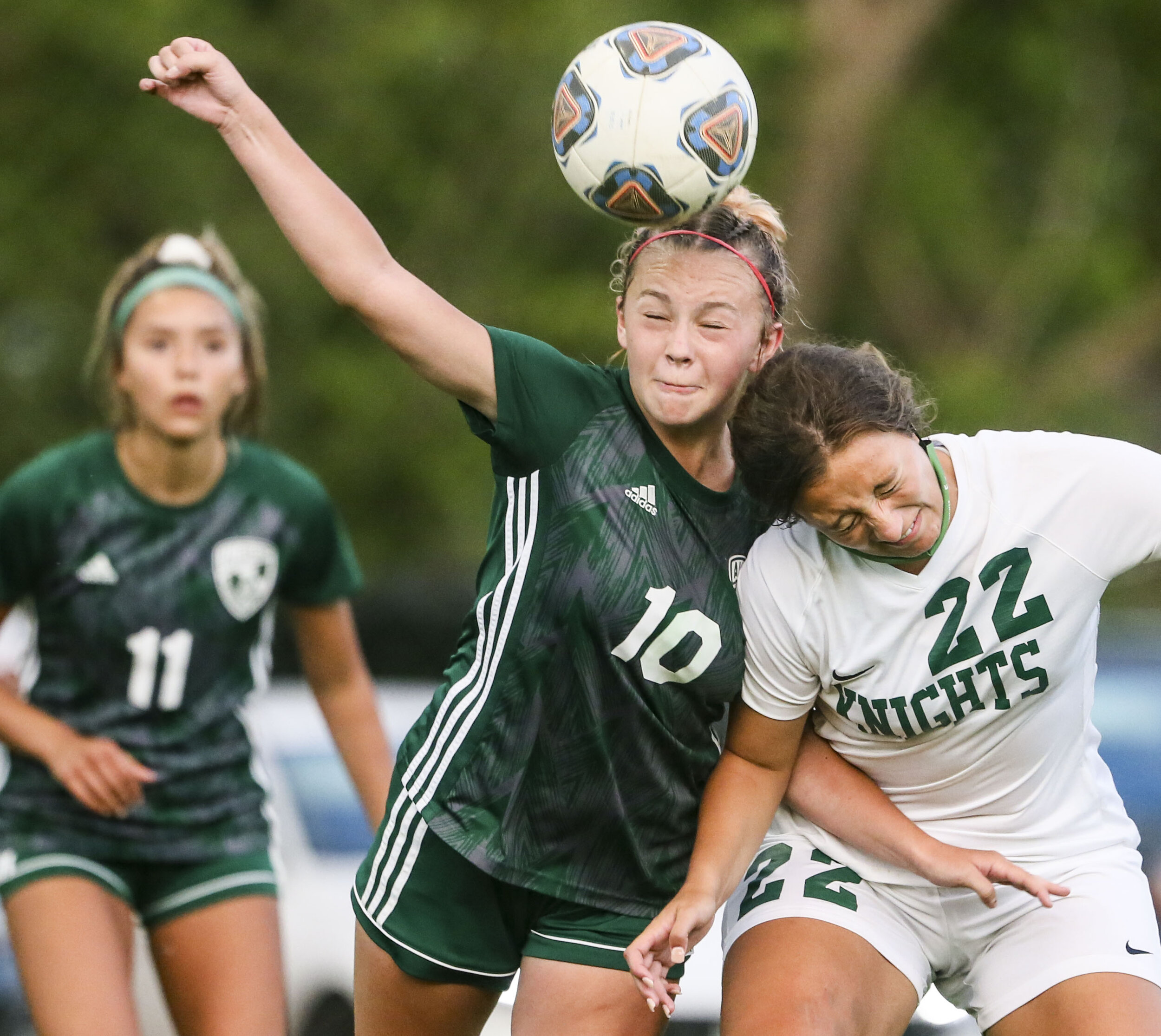  Alleman's Kiersten Bailey (10) beats Richwoods' Rachael Uppole (22) to a header at Alleman Athletic Complex in Moline, Tuesday, June 1, 2021. 